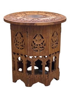 Antique Middle Eastern Octagonal Carved Table With Brass Inlay