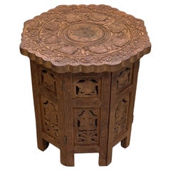 Antique Middle Eastern Octagonal Carved Table With Brass Inlay