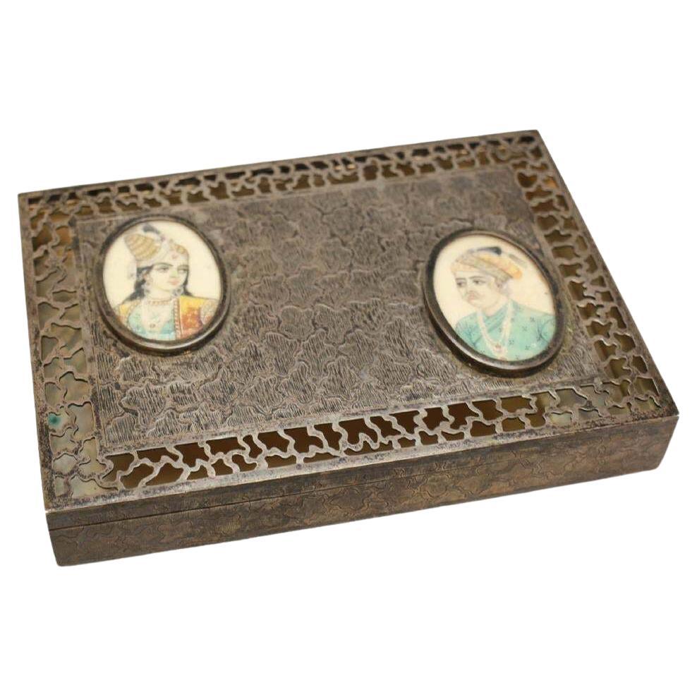 Antique Middle Eastern Sterling Silver Pierced Potpourri Box, Mini Portraits For Sale