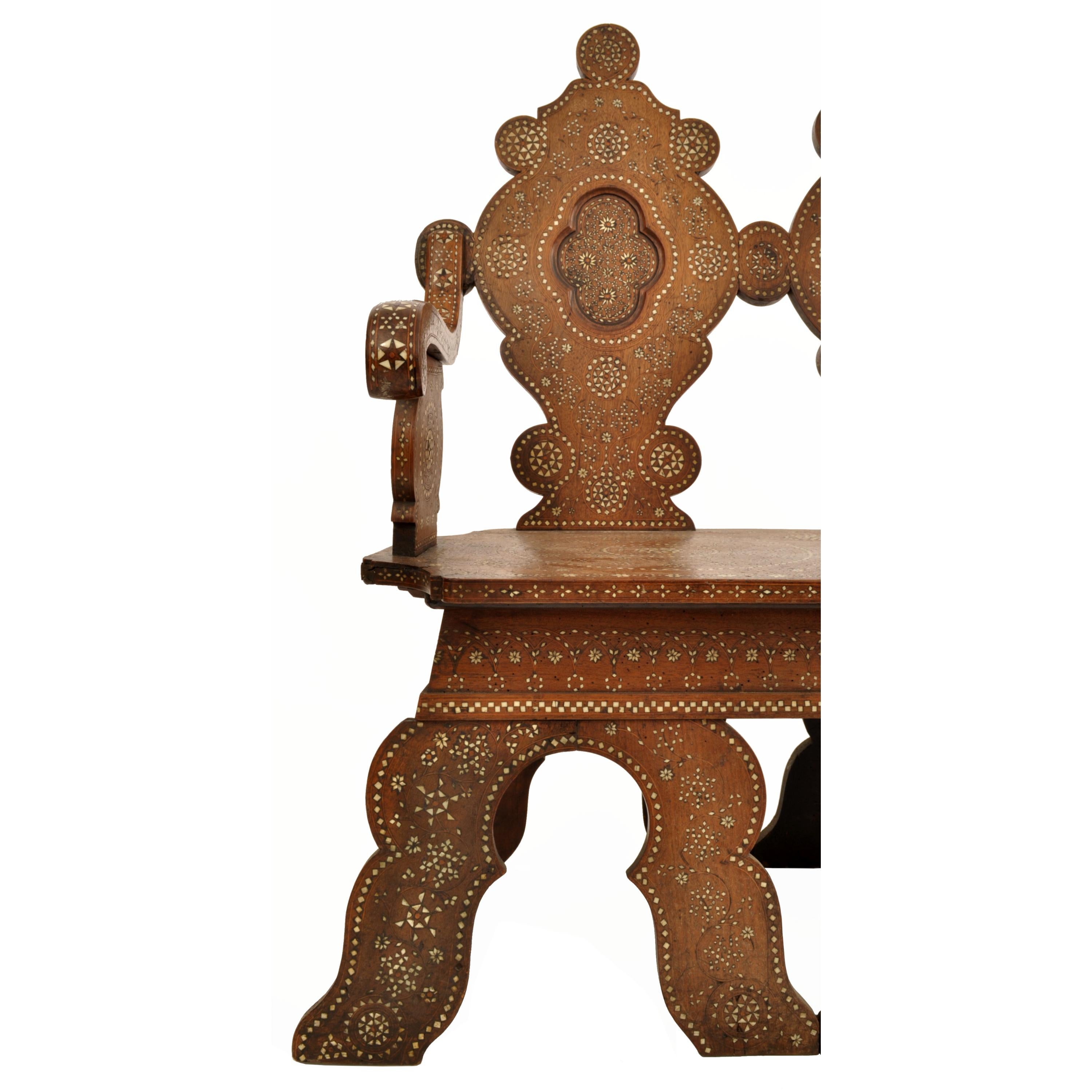Antique Middle Eastern Syrian Islamic Moorish Inlaid Walnut Bench Settee, 1880 4