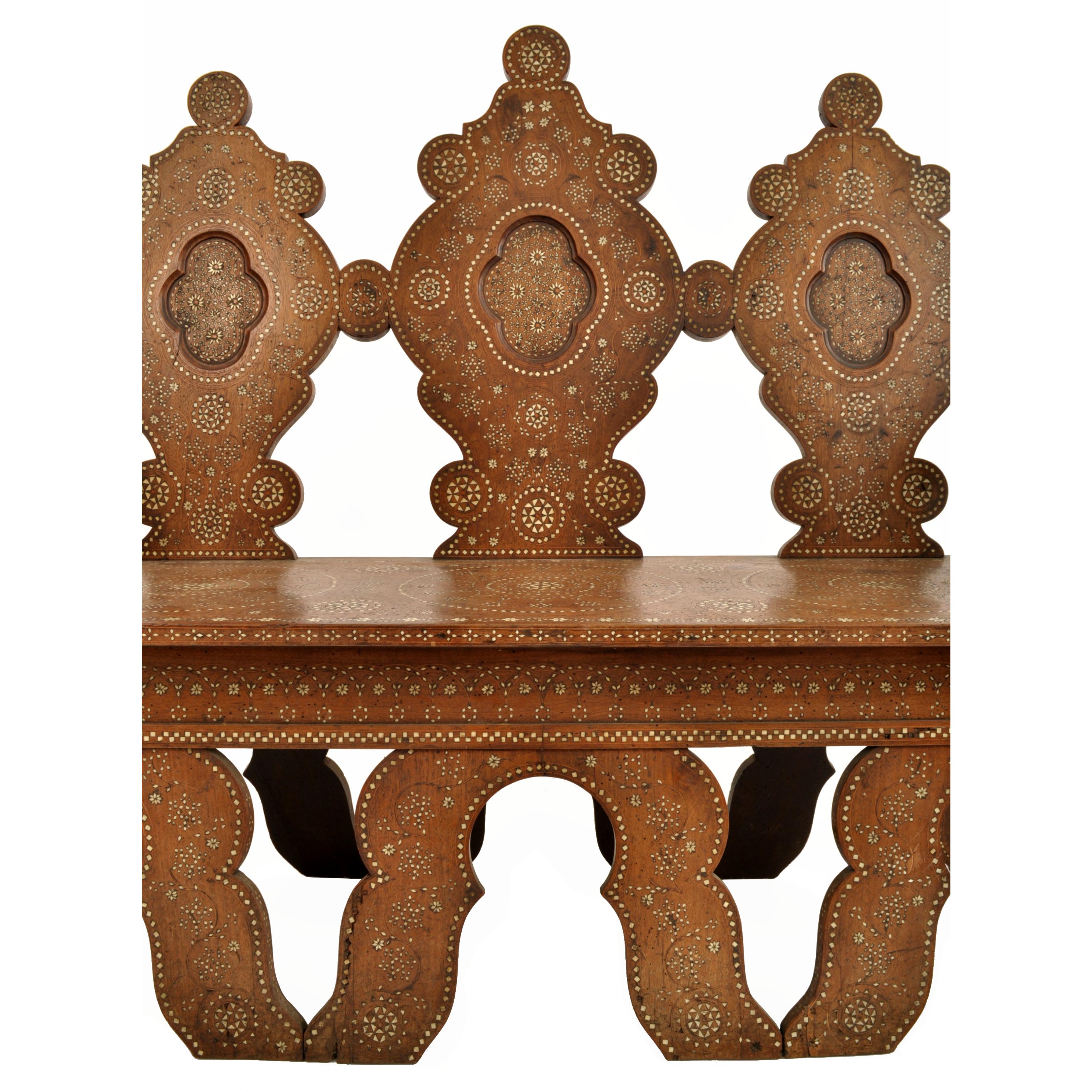 Antique Middle Eastern Syrian Islamic Moorish Inlaid Walnut Bench Settee, 1880 5