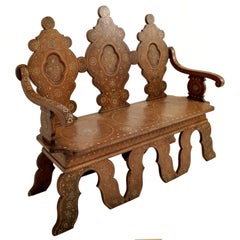 Antique Middle Eastern Syrian Islamic Moorish Inlaid Walnut Bench Settee, 1880