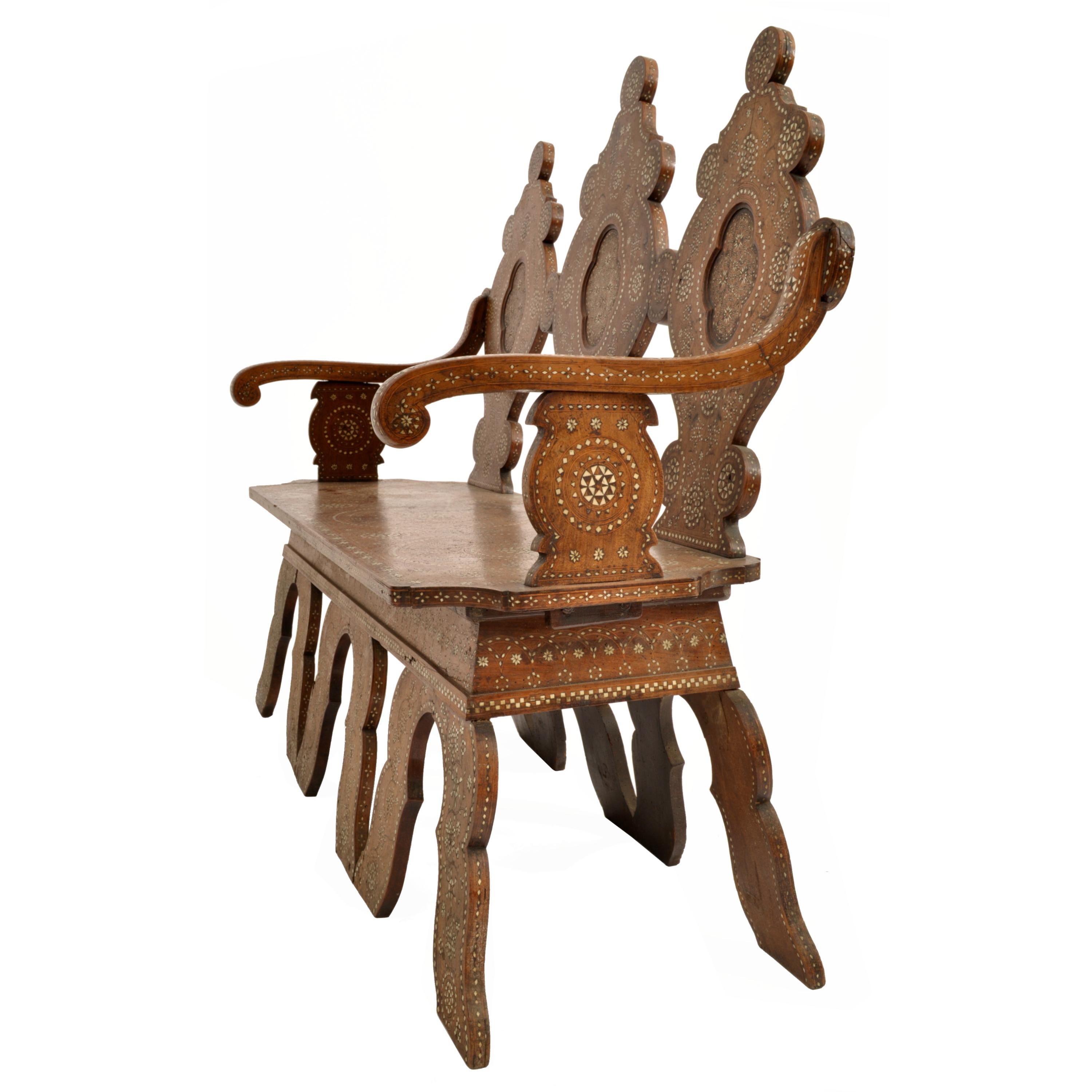 Bone Antique Middle Eastern Syrian Islamic Moorish Inlaid Walnut Bench Settee, 1880