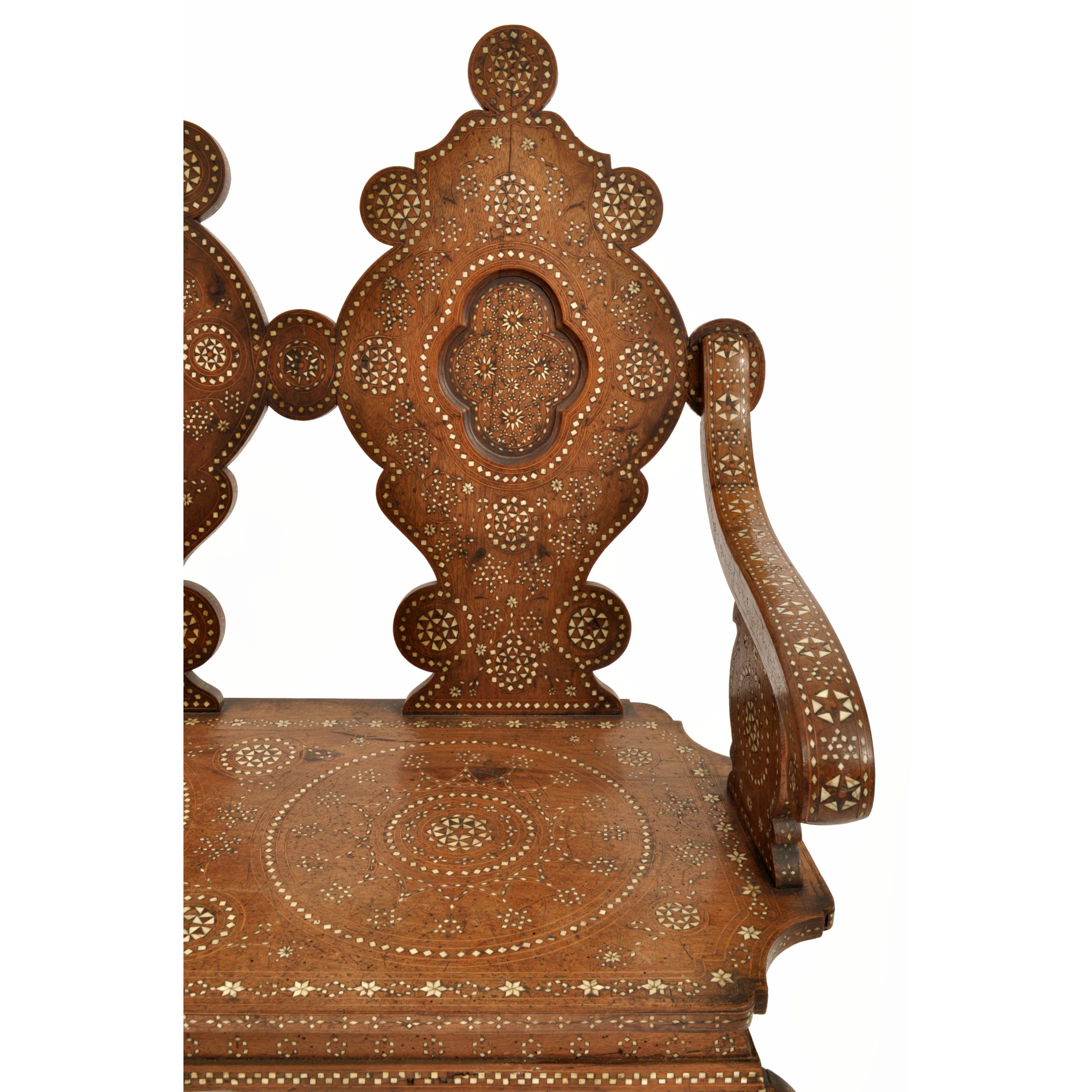 Antique Middle Eastern Syrian Islamic Moorish Inlaid Walnut Bench Settee, 1880 3