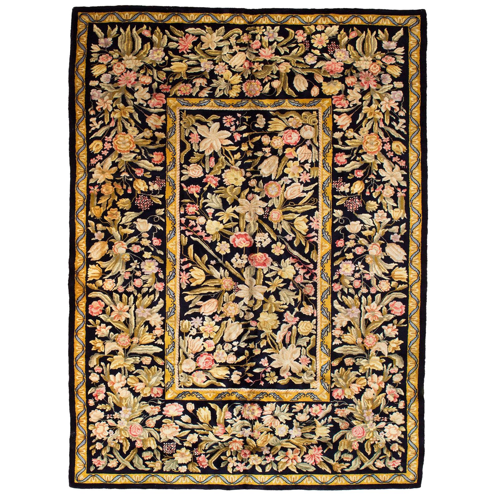 Antique Midnight Blue Austrian Savonnerie Rug with White Flowers, circa 1940s For Sale