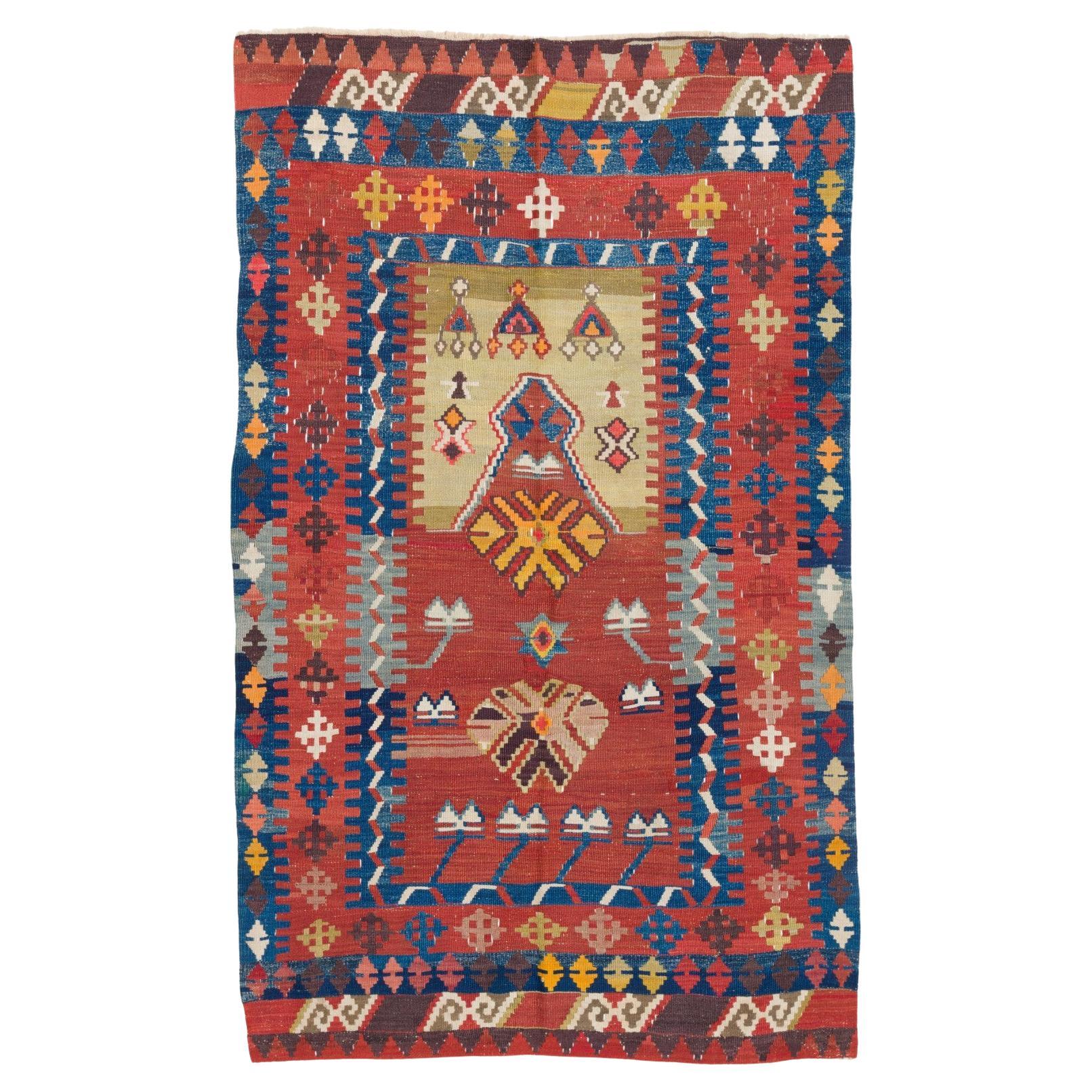 Antique Mihrab Kilim Rug Wool Old Central Anatolian Turkish Carpet For Sale