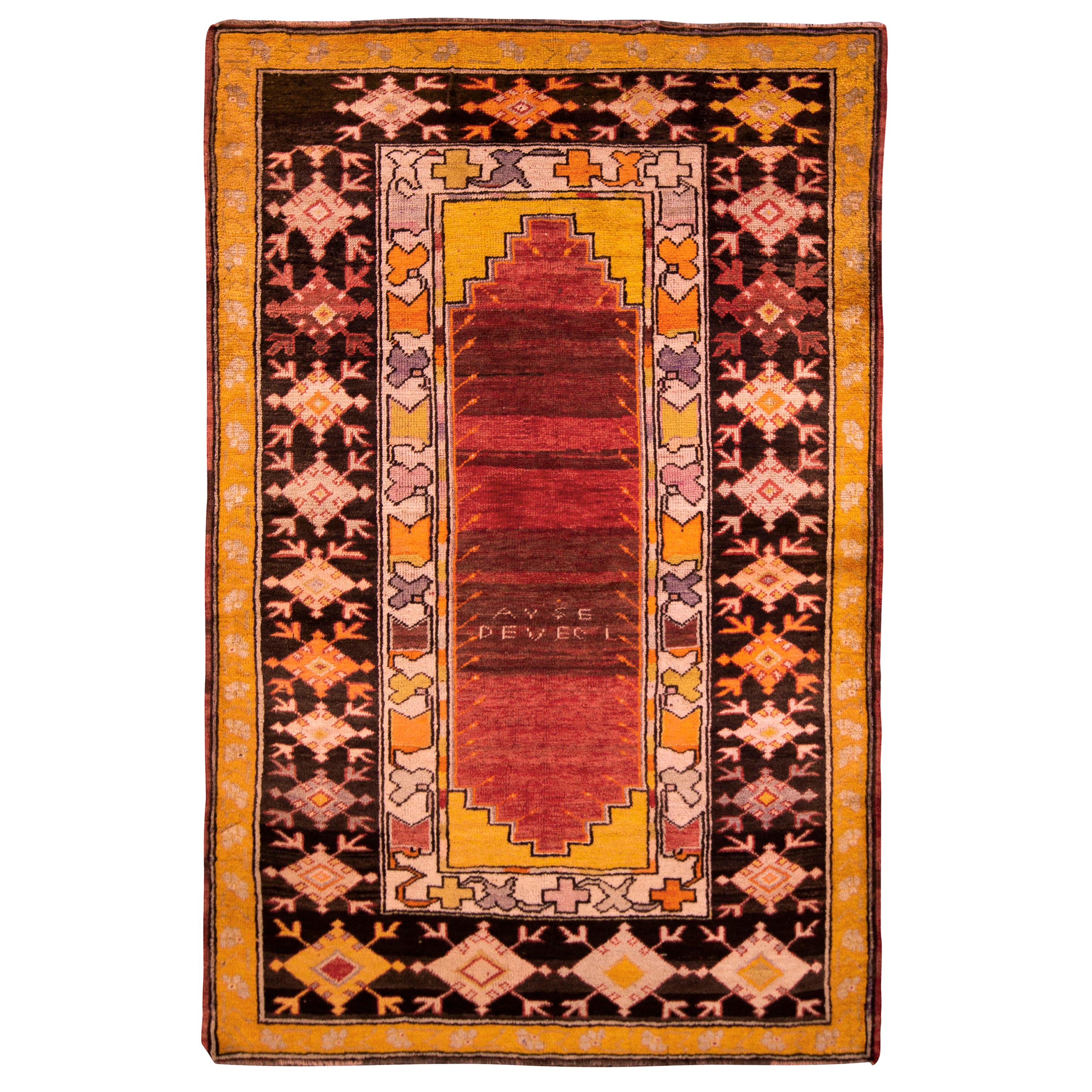 Antique Milas Rug Red Gold and Black Signature Tribal Design by Rug & Kilim For Sale