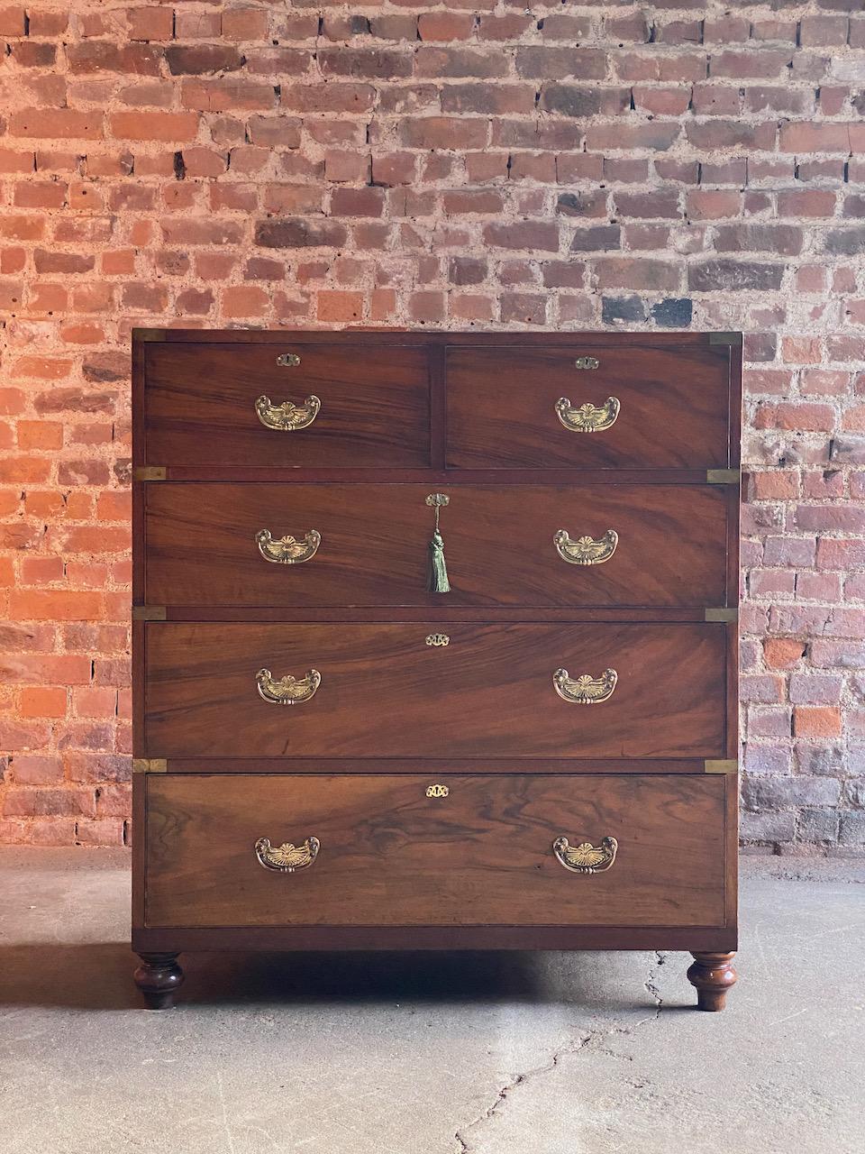 Antique military Campaign chest by Ross & Co of Dublin circa 1870 number 78

Exceptional Victorian military Campaign chest of drawers made of camphorwood, dating to late 19th century Ireland circa 1870, the chest in two halves with flush