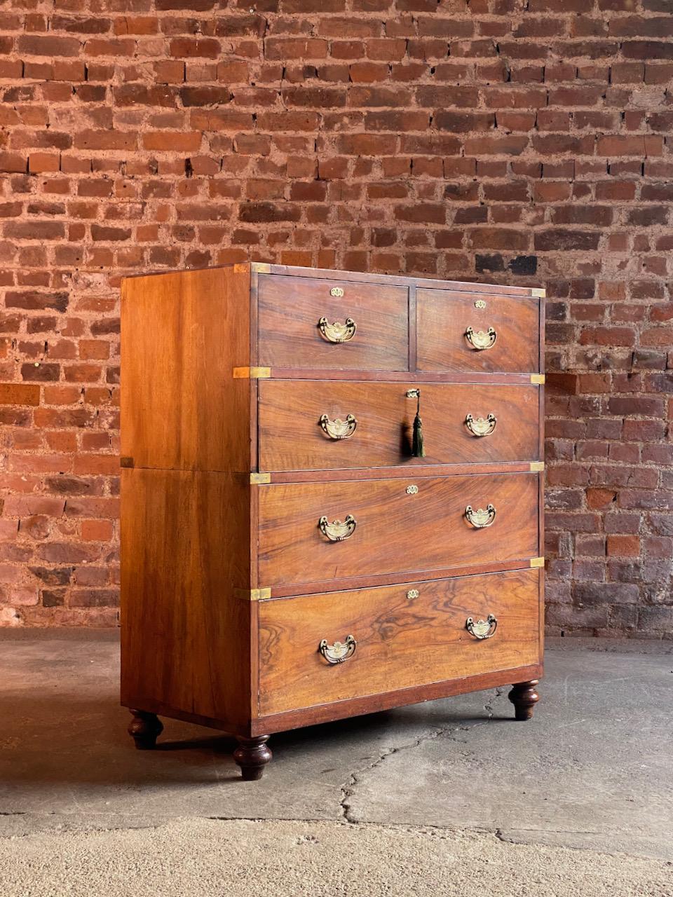 Antique Military Campaign chest by Ross & Co of Dublin circa 1870 number 78

Exceptional Victorian Military Campaign chest of drawers made of camphorwood, dating to late 19th century Ireland circa 1870, the chest in two halves with flush brass