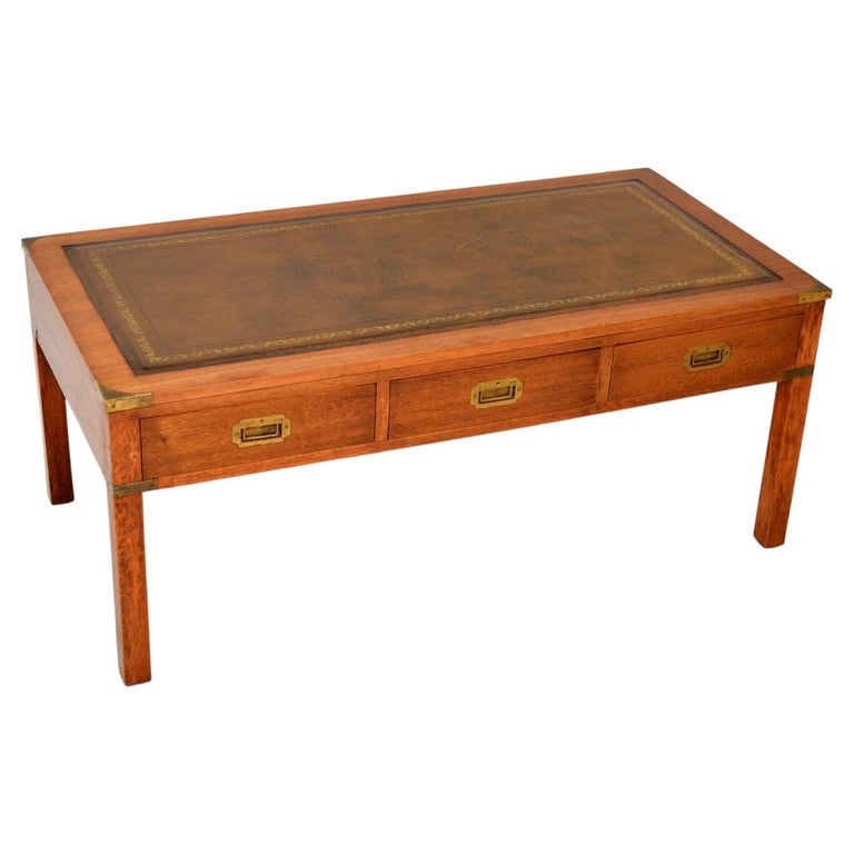 Antique Military Campaign Leather Top Coffee Table For Sale at 1stDibs