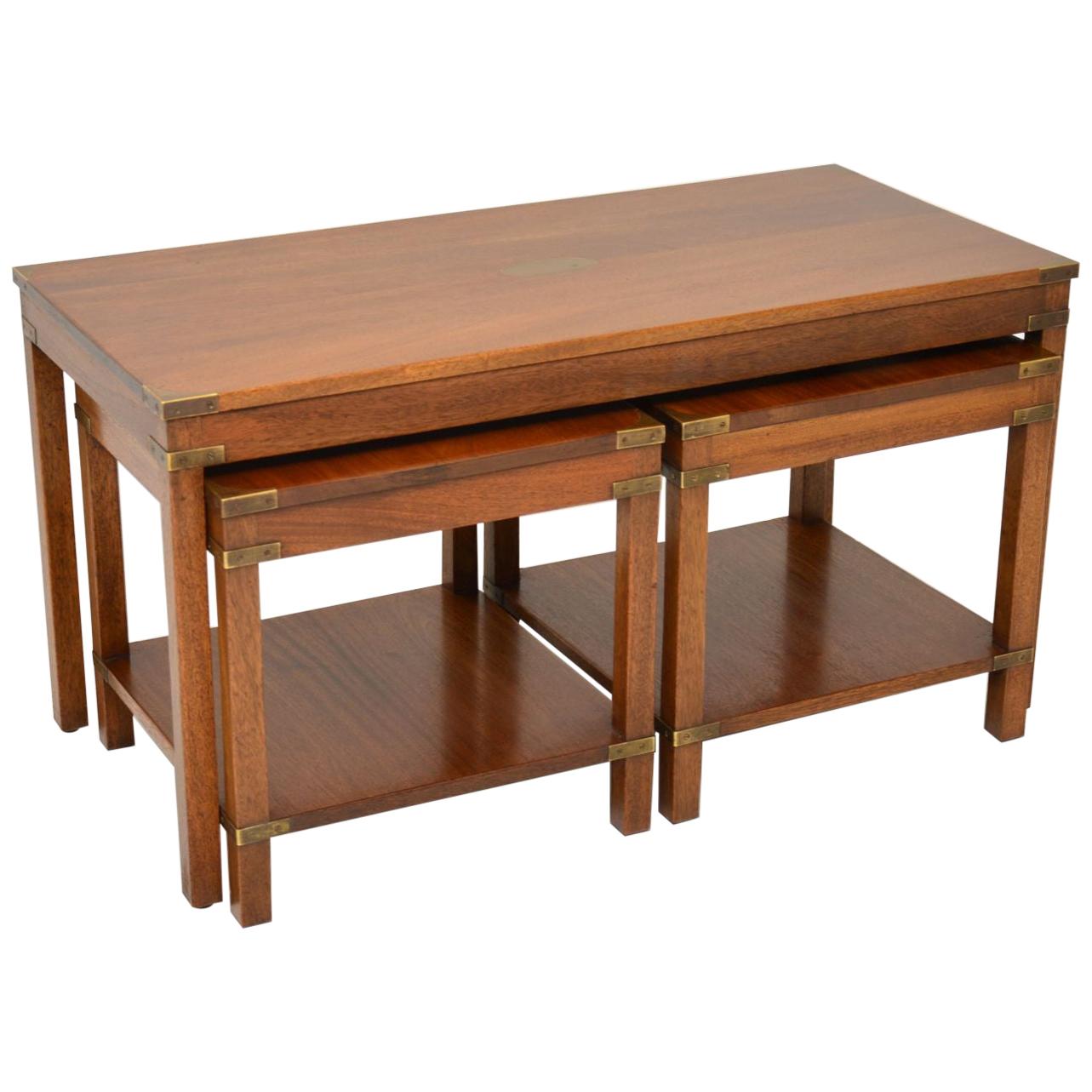 Antique Military Campaign Style Mahogany Coffee Table / Side Tables / Nest
