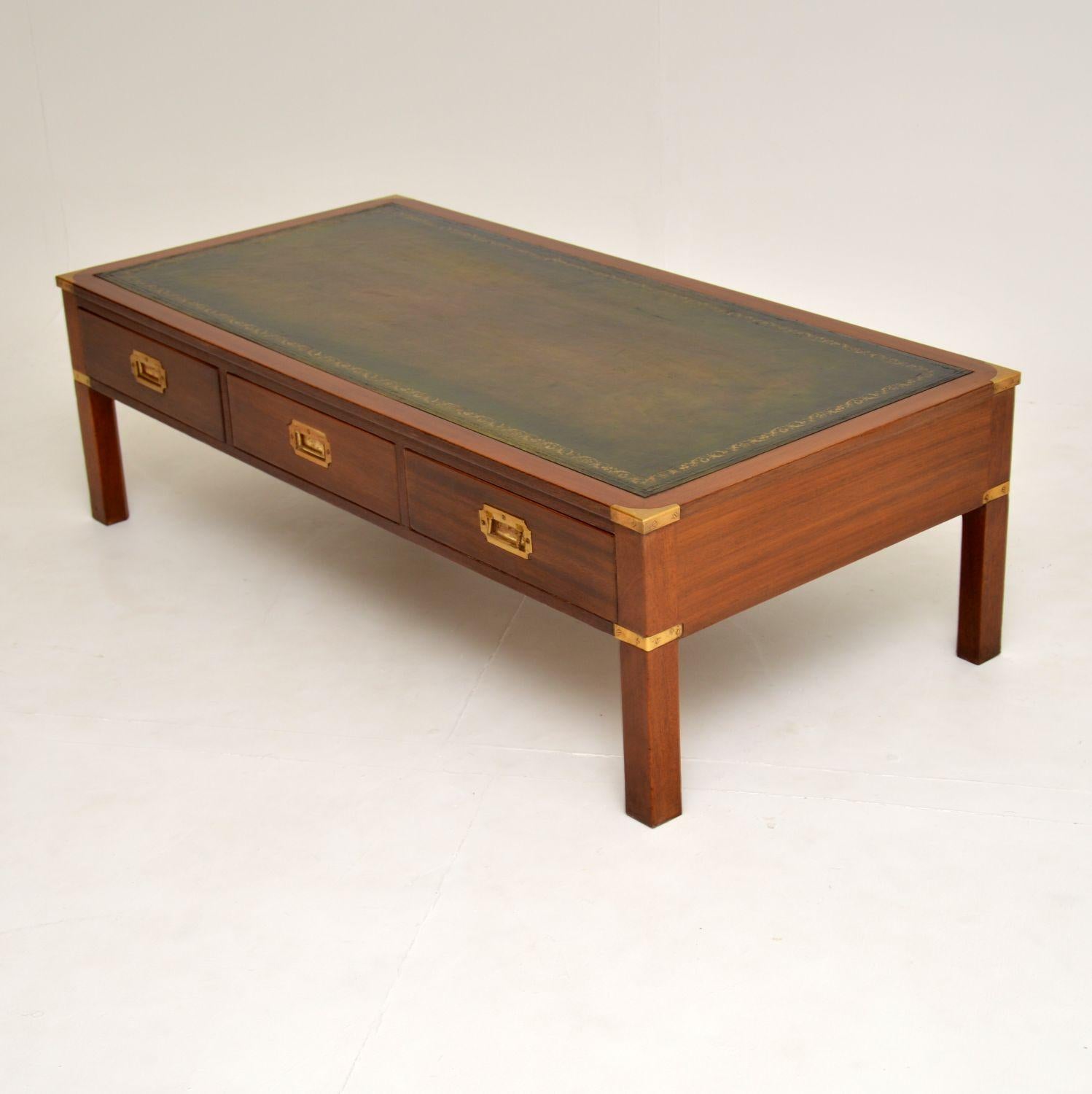 Antique Military Campaign Style Mahogany Leather Top Coffee Table In Good Condition In London, GB
