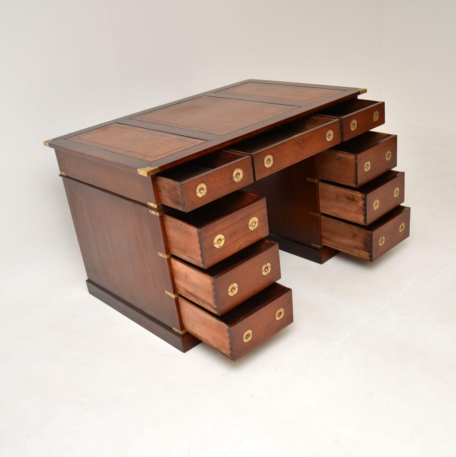 British Antique Military Campaign Style Pedestal Desk
