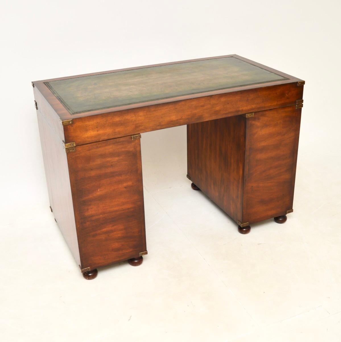Leather Antique Military Campaign Style Pedestal Desk For Sale