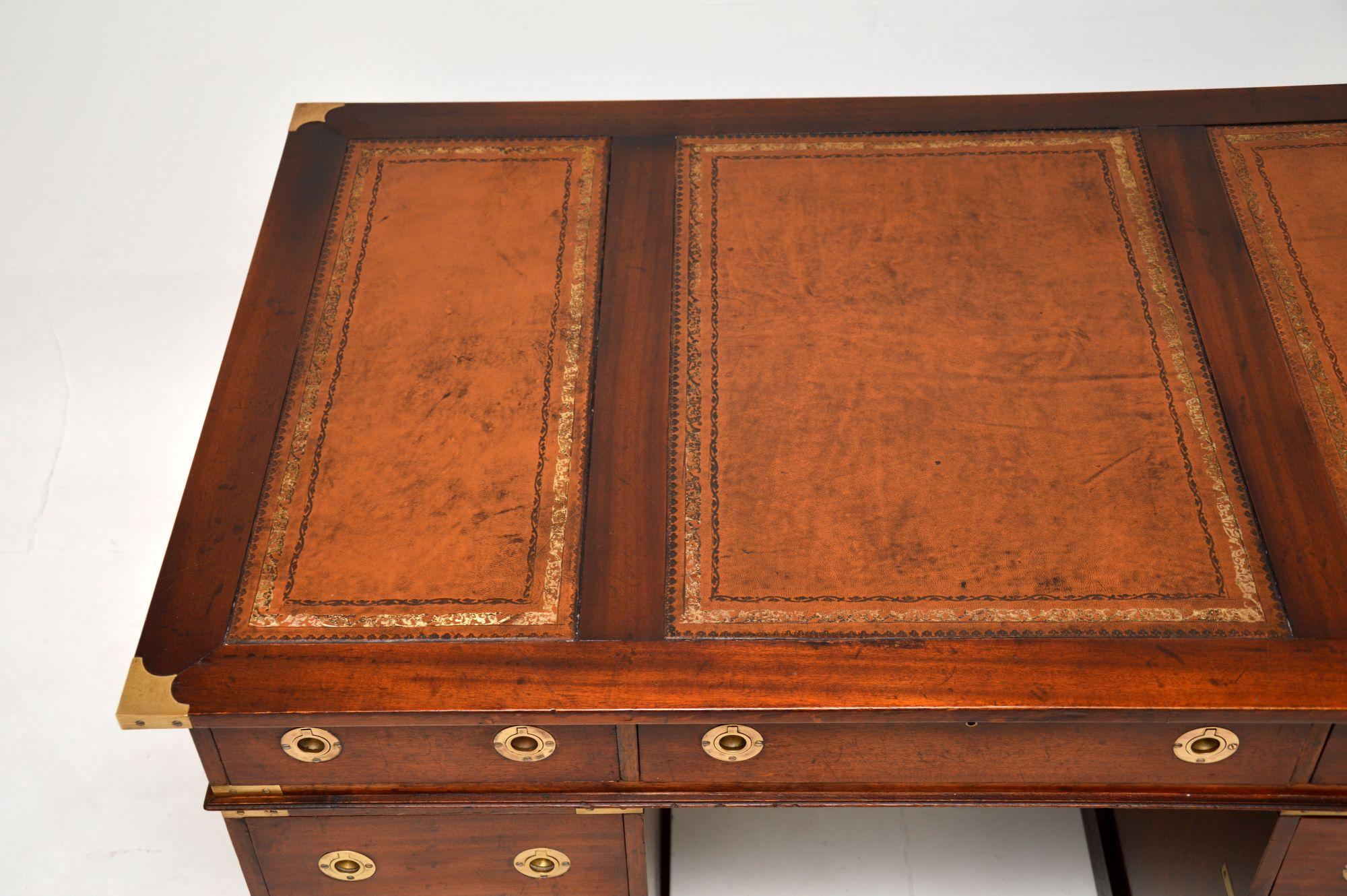 Leather Antique Military Campaign Style Pedestal Desk
