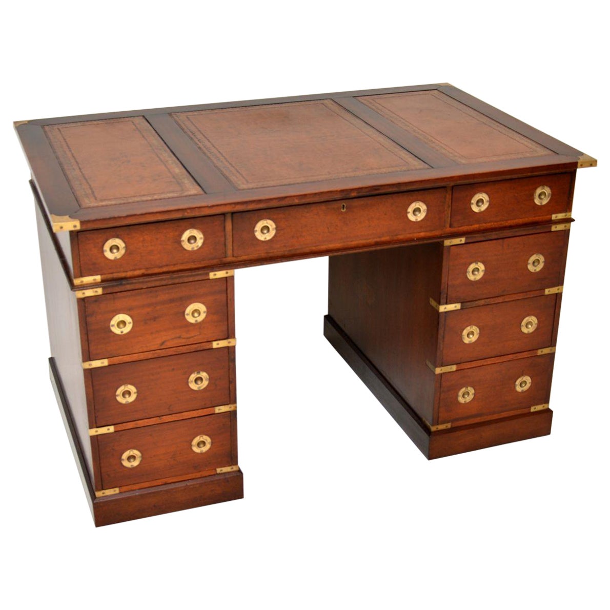 Antique Military Campaign Style Pedestal Desk