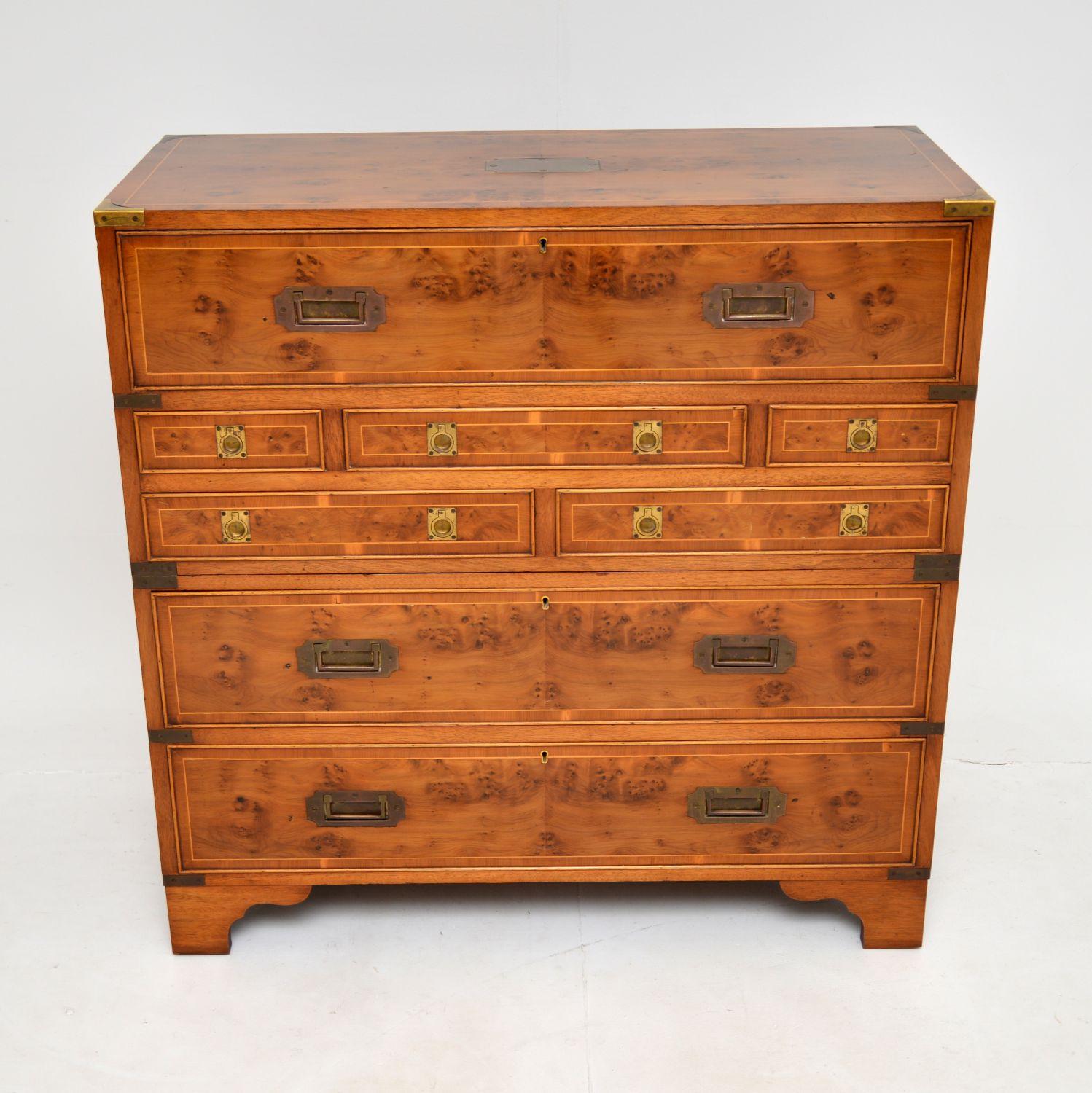 Antique Military Campaign Style Yew Wood Chest / Bureau In Good Condition In London, GB