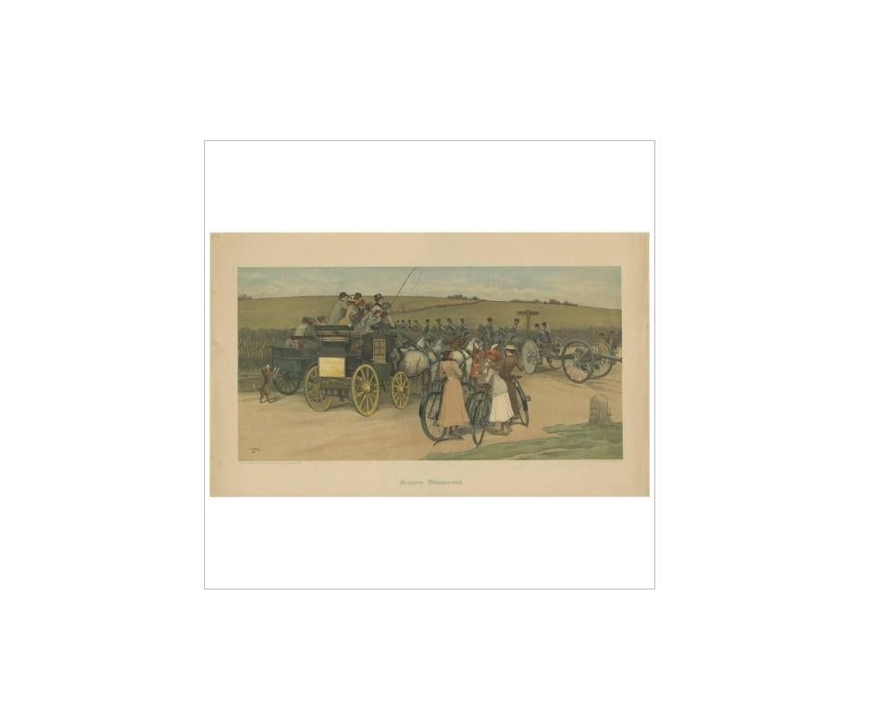 Antique print titled 'Autumn Manoeuvres'. Published in London by C.E. Clifford & Co, 1901. Entered according to Act of Congress, in the year 1901. Several horses and carriages, the last carriage reads 'London and Brighton'.