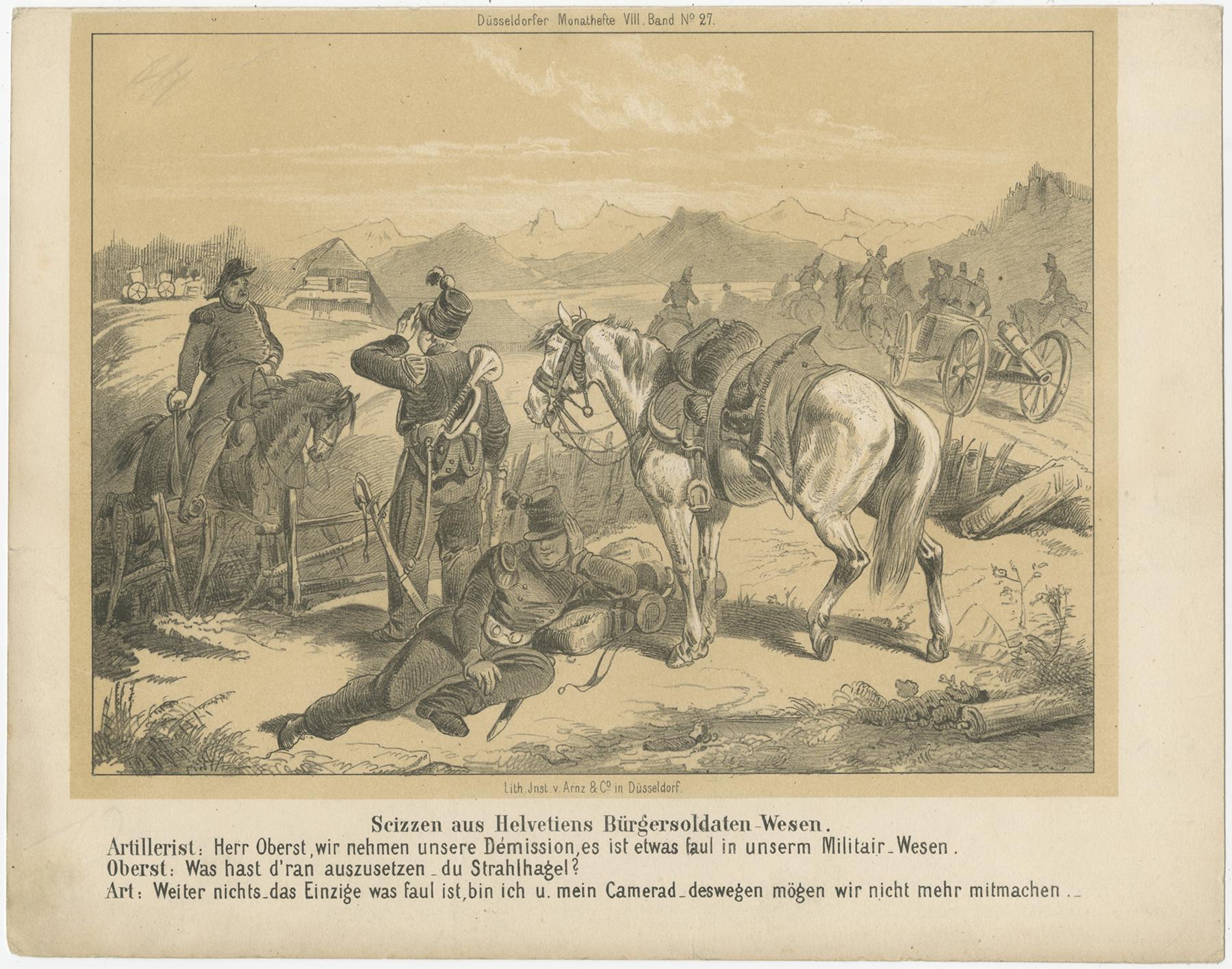 Antiguos grabados satíricos militares - Soldados ciudadanos suizos - Düsseldorf, c.1850

Este par de litografías (sin enmarcar) ofrece una visión humorística y satírica del sistema ciudadano-soldado helvético, captando el lado torpe y a veces