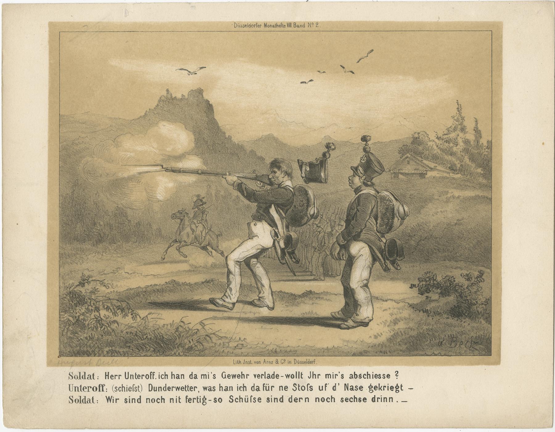 Antiguos grabados satíricos militares - Soldados ciudadanos suizos - Düsseldorf, c.1850 en Bueno estado para la venta en Langweer, NL