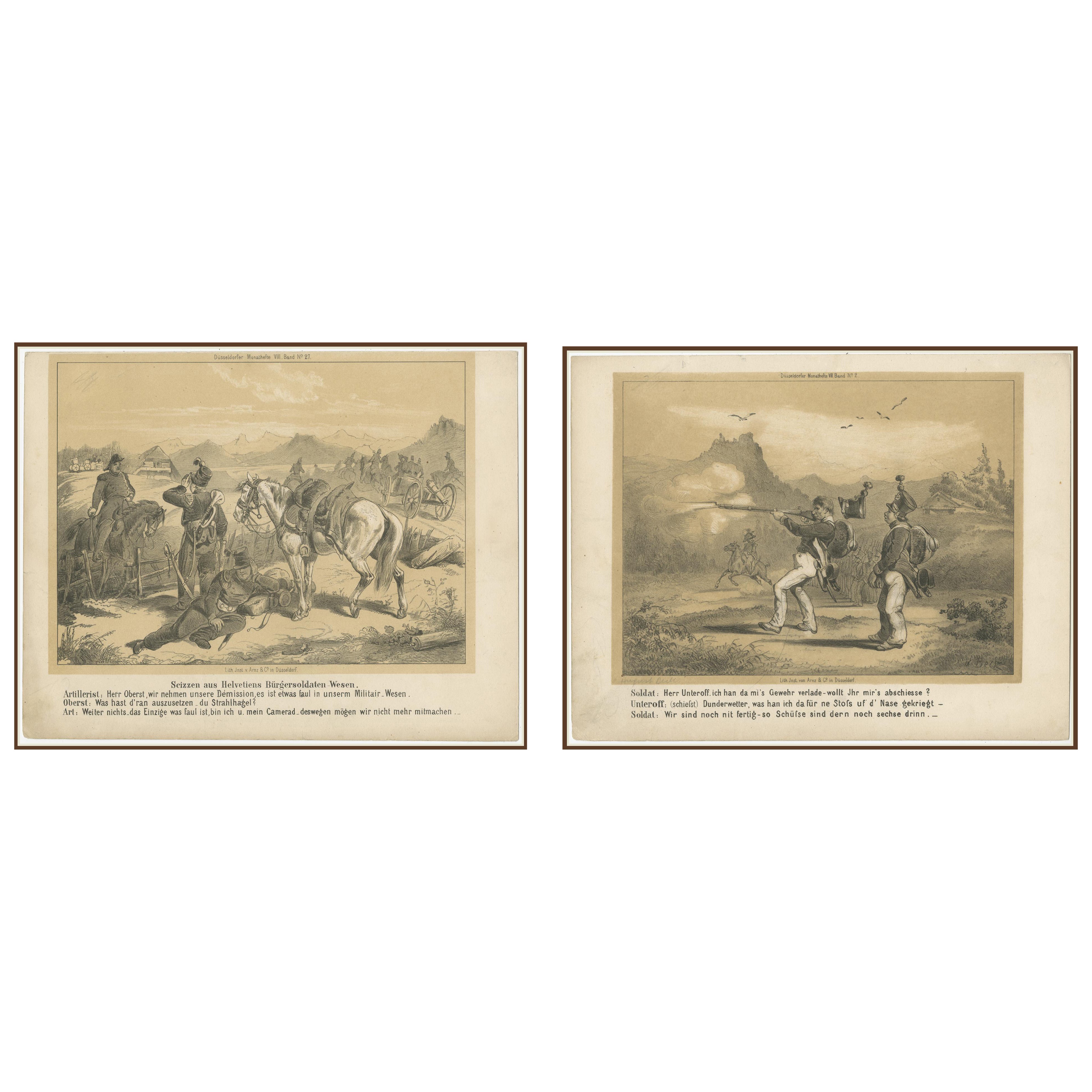 Antiguos grabados satíricos militares - Soldados ciudadanos suizos - Düsseldorf, c.1850 en venta