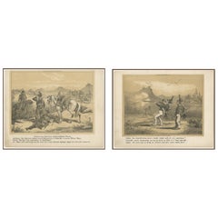 Antiguos grabados satíricos militares - Soldados ciudadanos suizos - Düsseldorf, c.1850