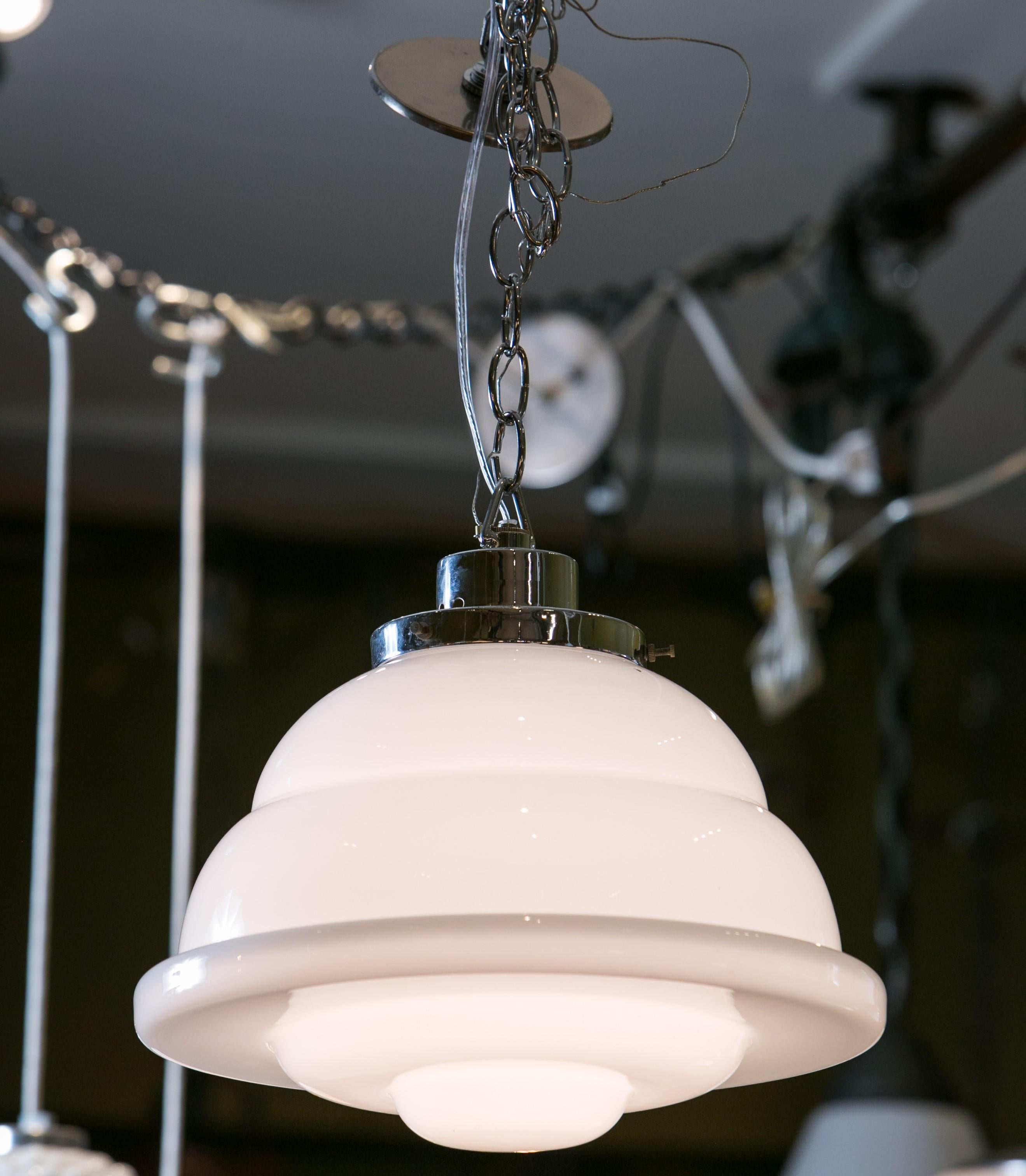 French Antique Milk Glass and Iron Pendant