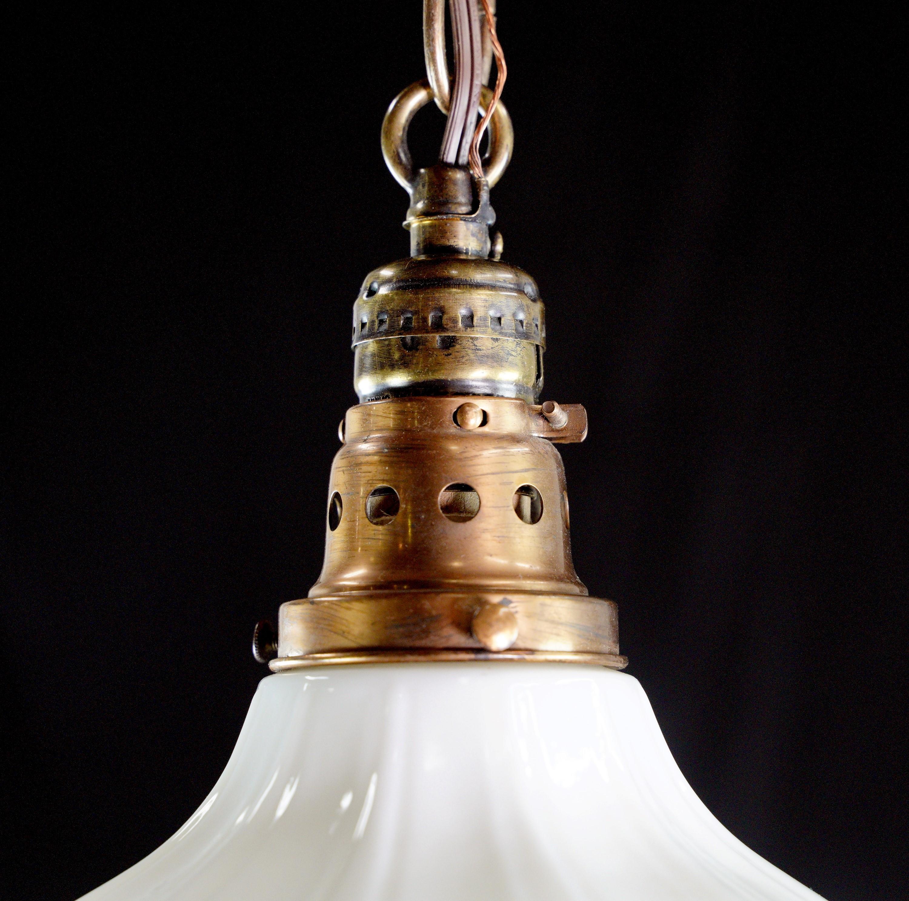 Art Deco Antique Milk Glass Brass Chain Pendant Light Qty Available For Sale