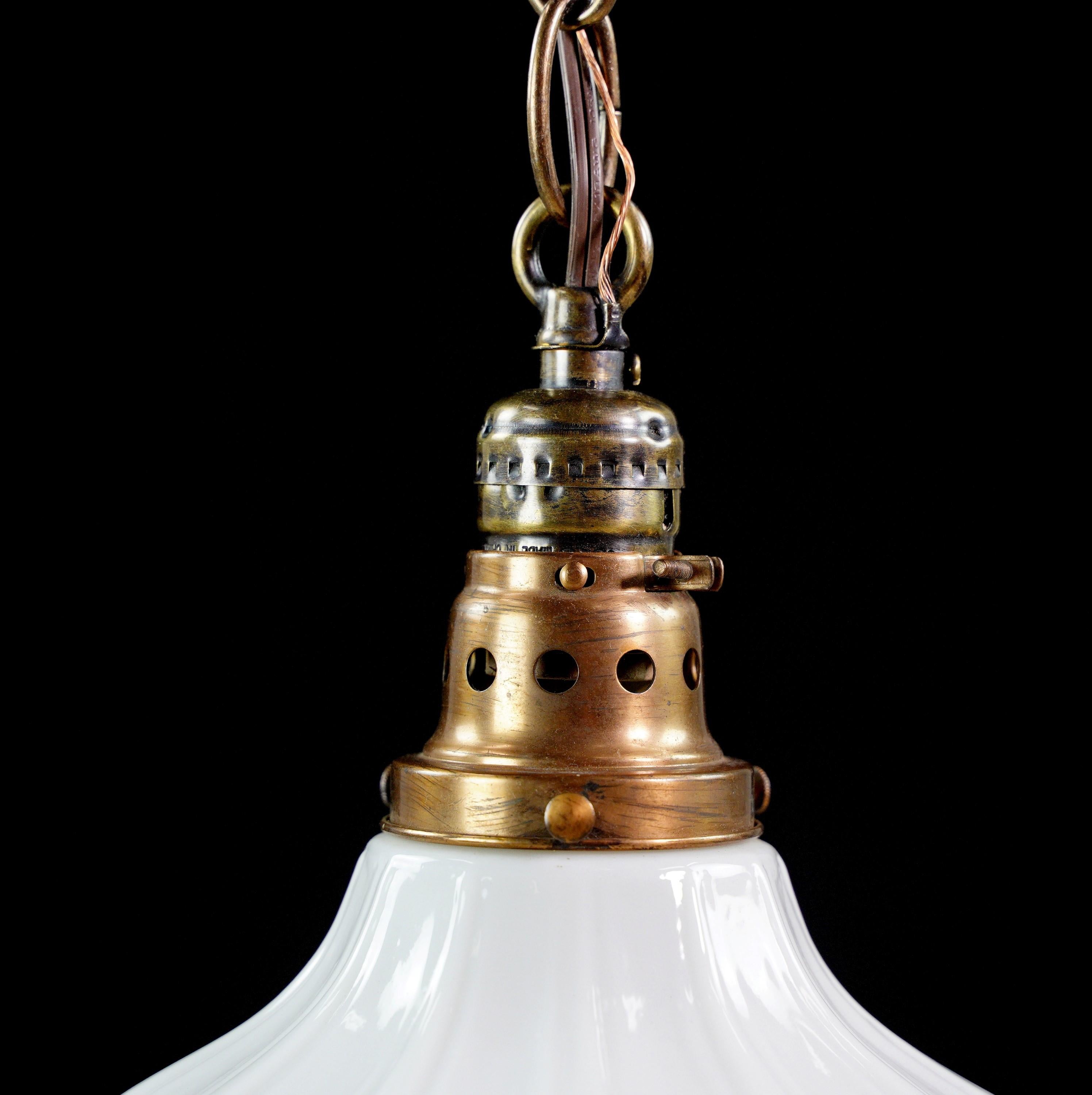 American Antique Milk Glass Brass Chain Pendant Light Qty Available For Sale