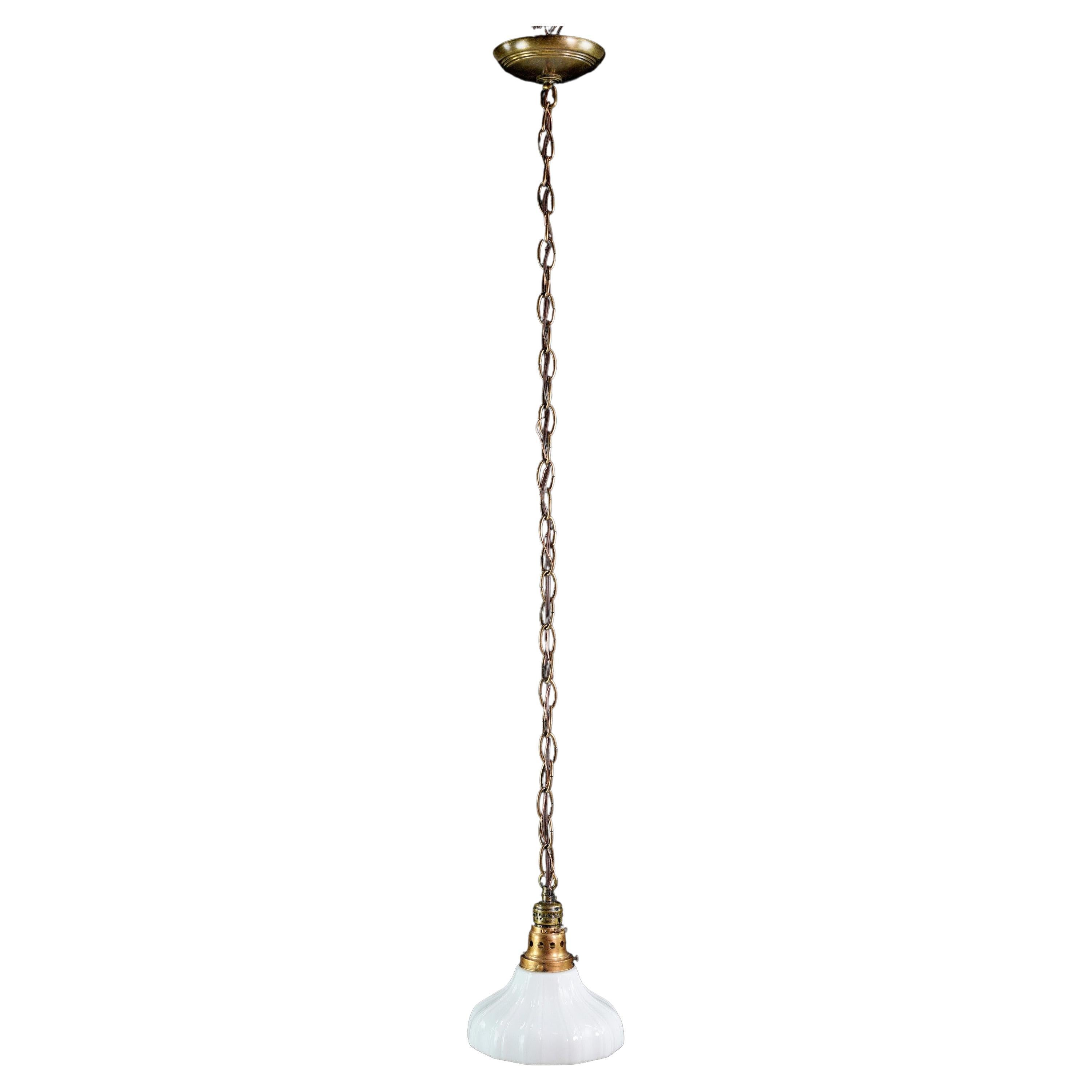Antique Milk Glass Brass Chain Pendant Light Qty Available For Sale