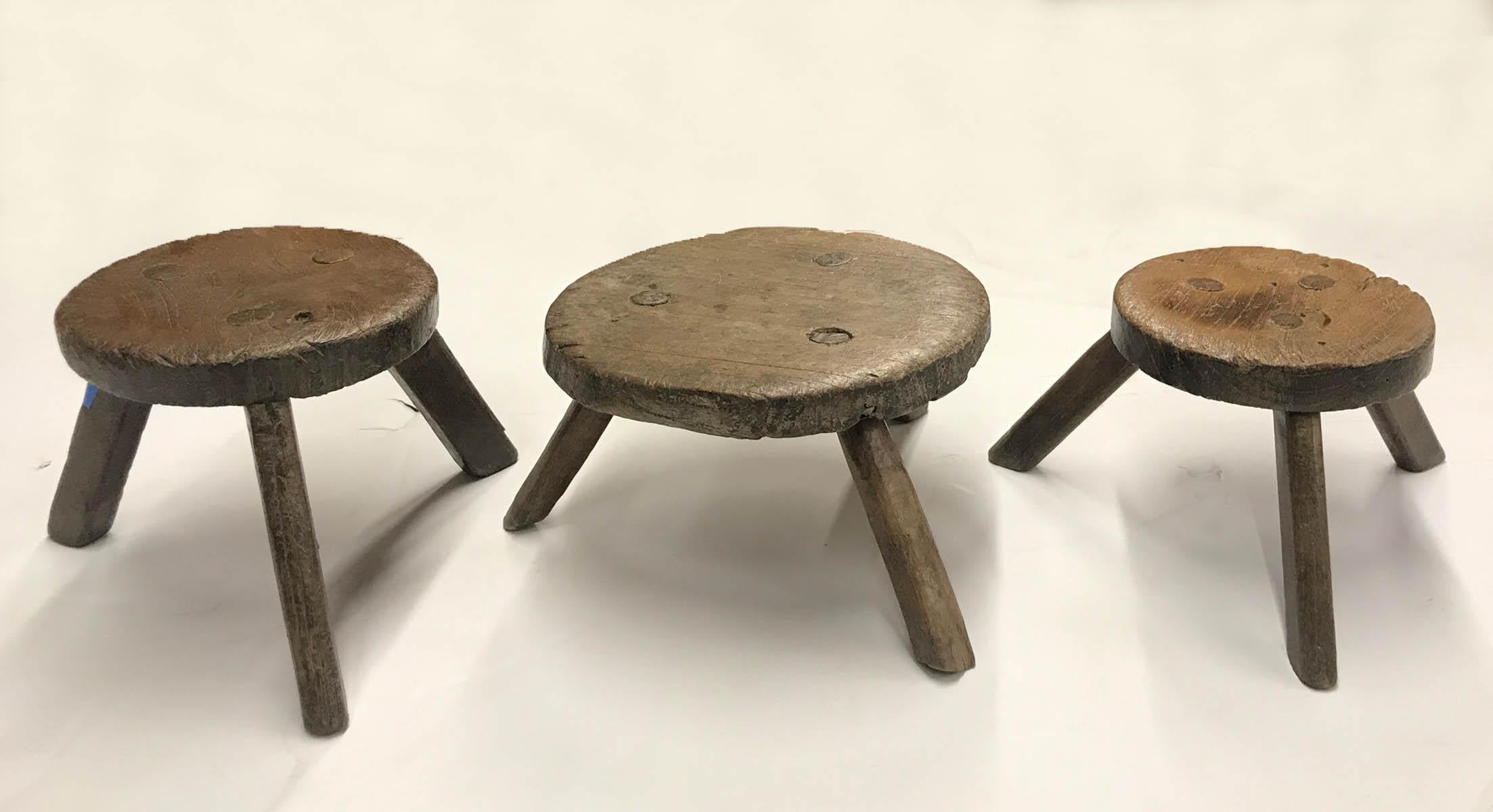 Three antique wooden milking stools with three legs. Great old natural patina. Sturdy.
Can be sold as a group for listed price or individually. Please refer to left, middle or right when purchasing.
Measures: Left 9 D x 8 H $325 list
Middle 12 D x 7