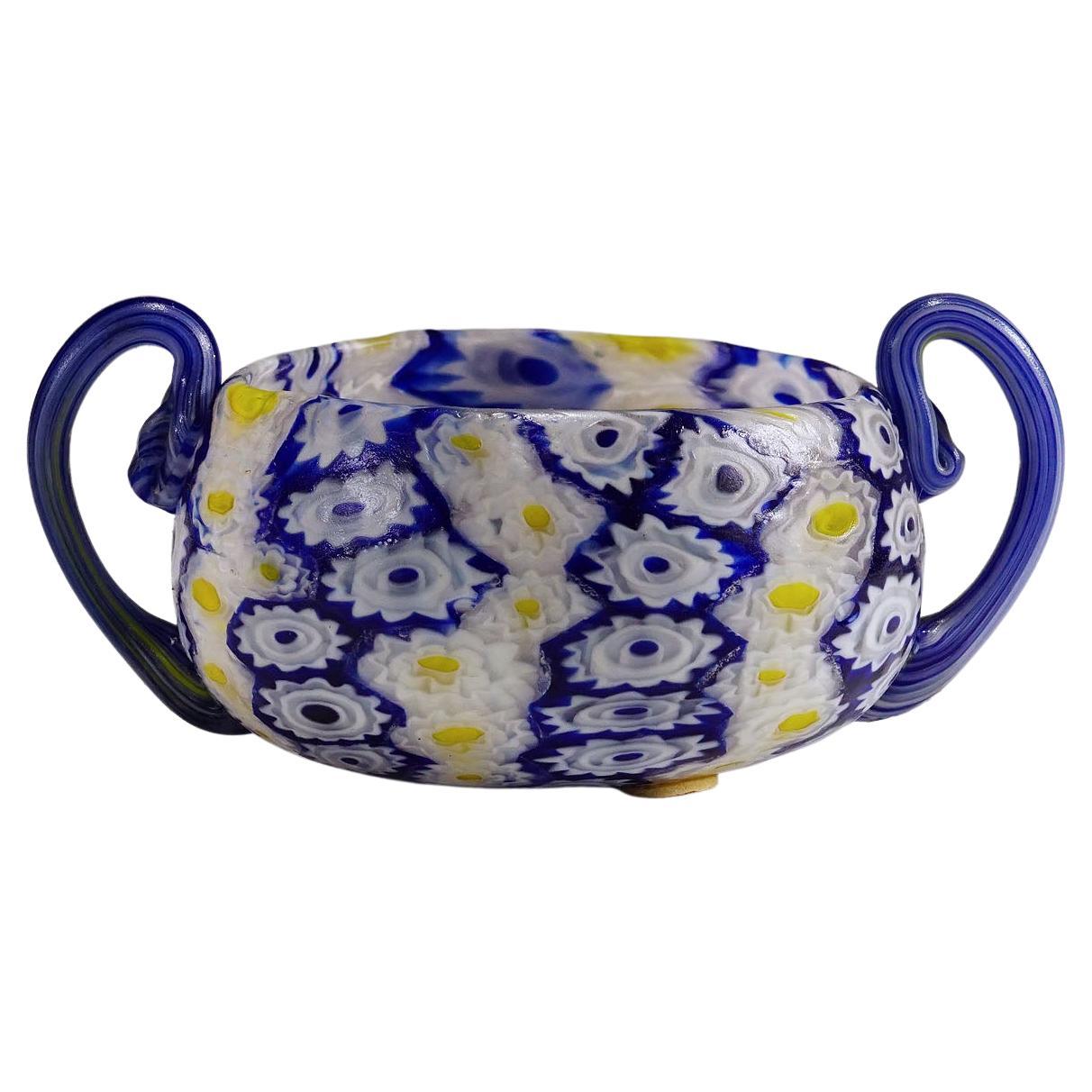 Antique Millefiori Bowl in Blue, Yellow and White, Fratelli Toso Murano 1910 For Sale