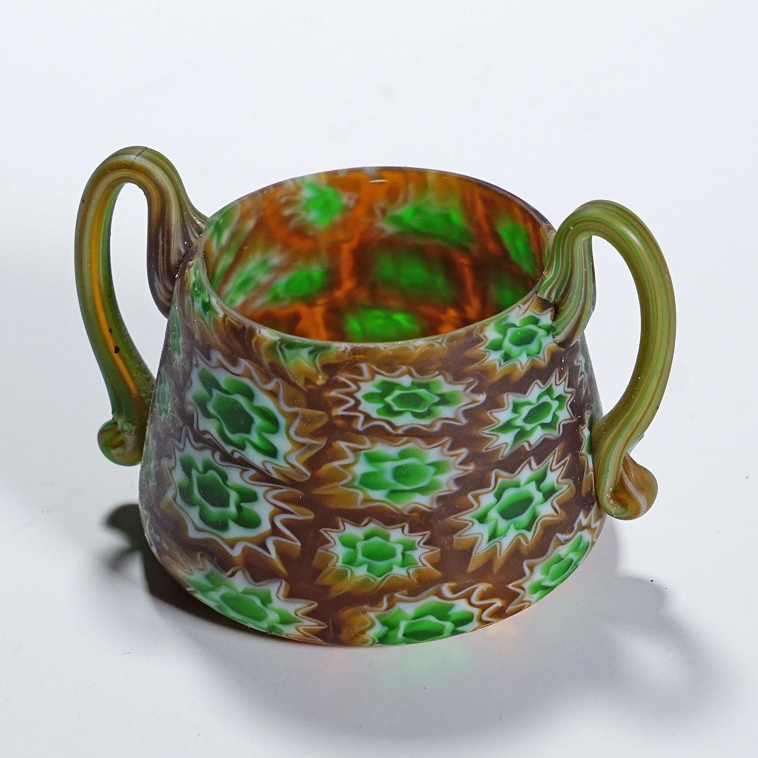 Italian Antique Millefiori Bowl with Handles, Fratelli Toso Murano ca. 1900s For Sale