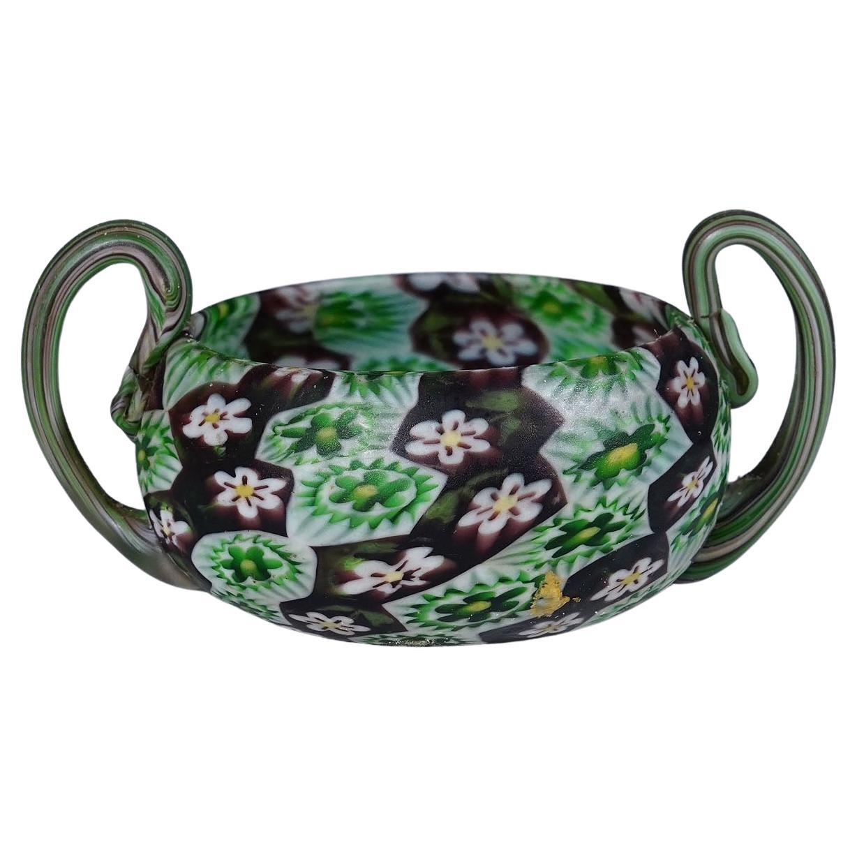 Bol antique Millefiori avec poignées, Fratelli Toso Murano vers 1900