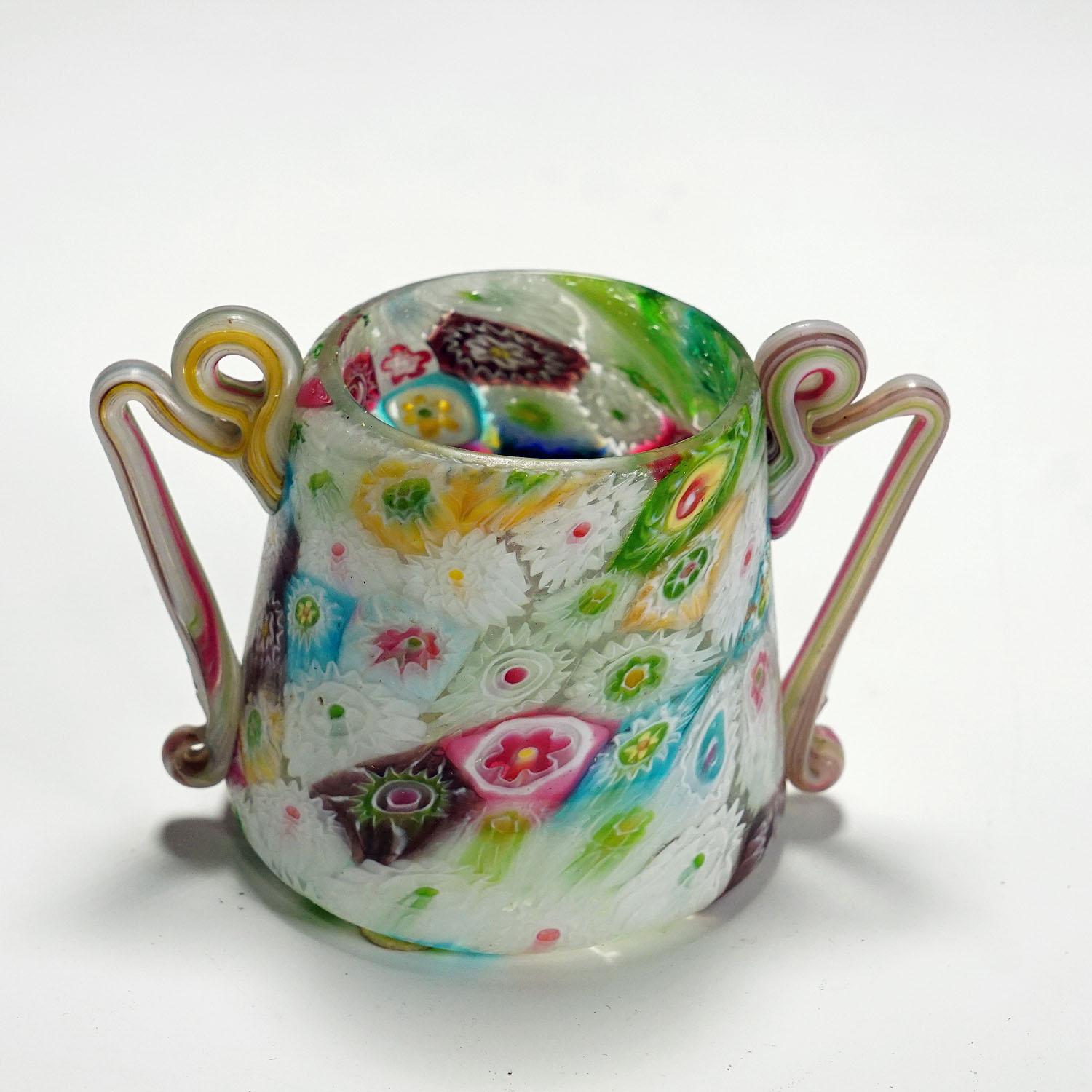 Mid-Century Modern Antique Millefiori Goblet with Handles by Fratelli Toso, Murano circa 1910