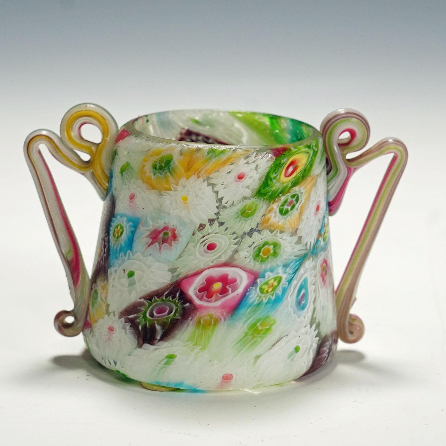 Italian Antique Millefiori Goblet with Handles by Fratelli Toso, Murano circa 1910