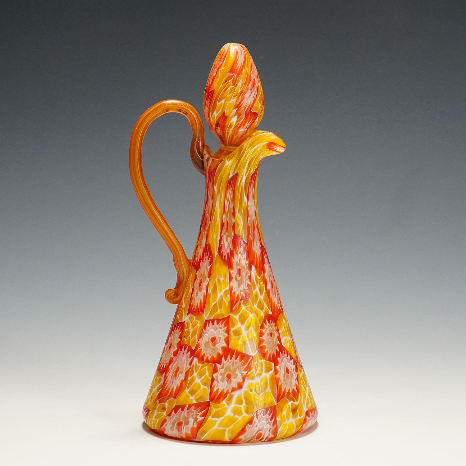 Mid-Century Modern Antique Millefiori Jug with Handles by Fratelli Toso, Murano, circa 1920 For Sale