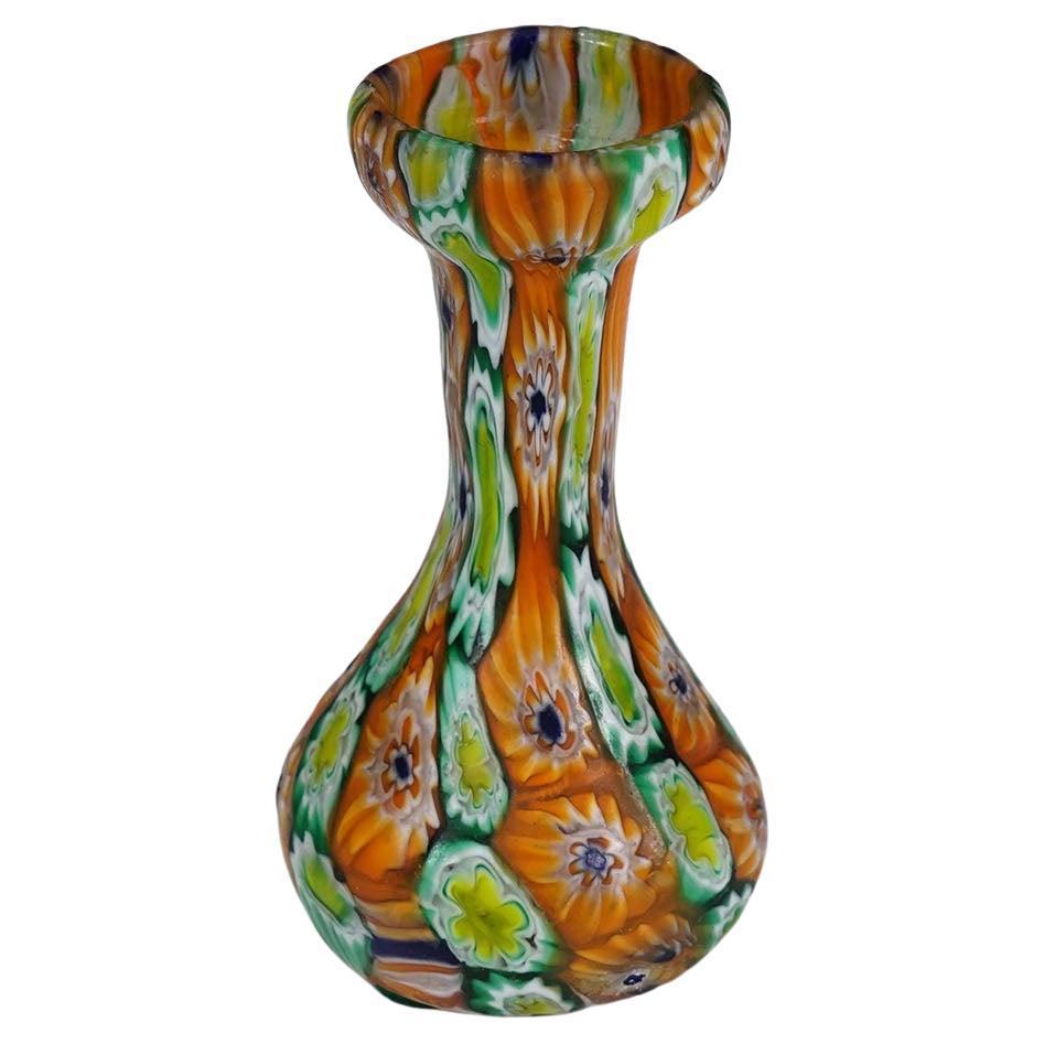 Antike Millefiori Vase Grün und Orange, Fratelli Toso Murano ca. 1920s
