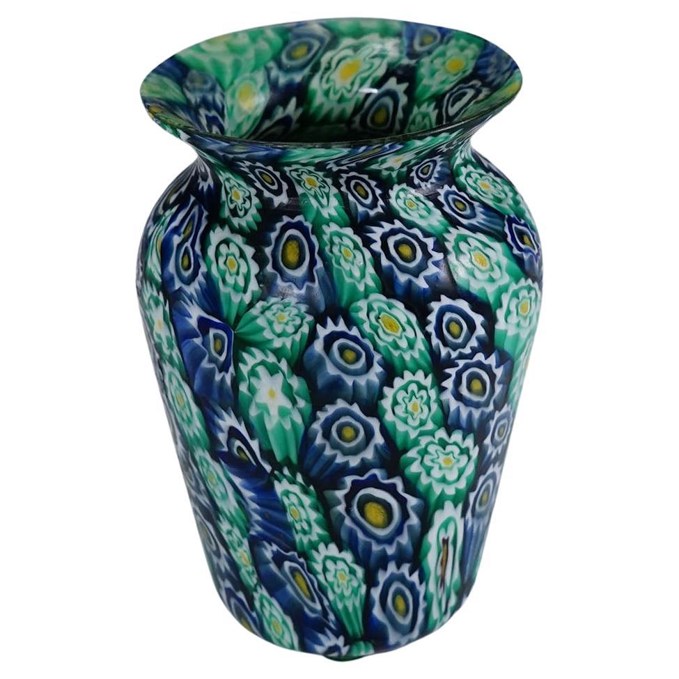 Antike Millefiori Vase Grün Blau, Fratelli Toso Murano ca. 1920s