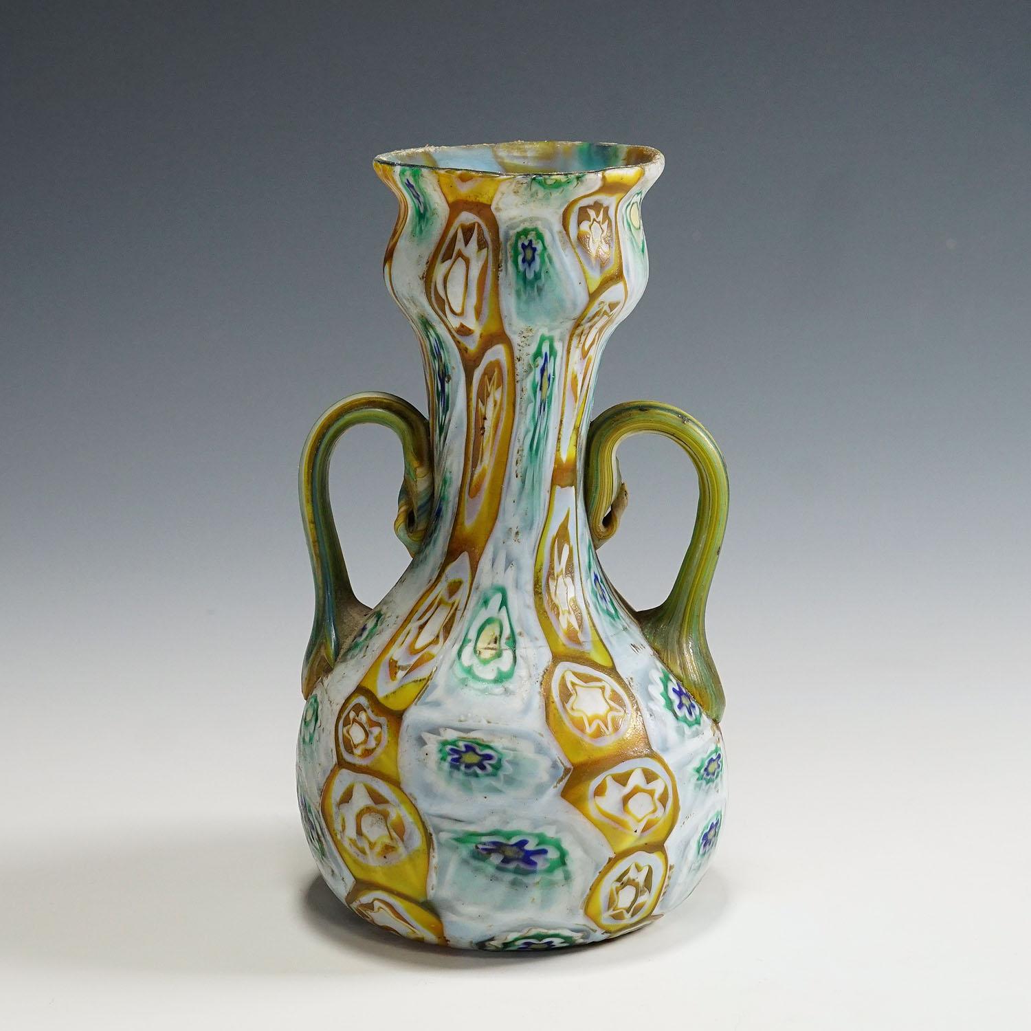 Italian Antique Millefiori Vase in Brown, Green and White, Fratelli Toso Murano 1910 For Sale