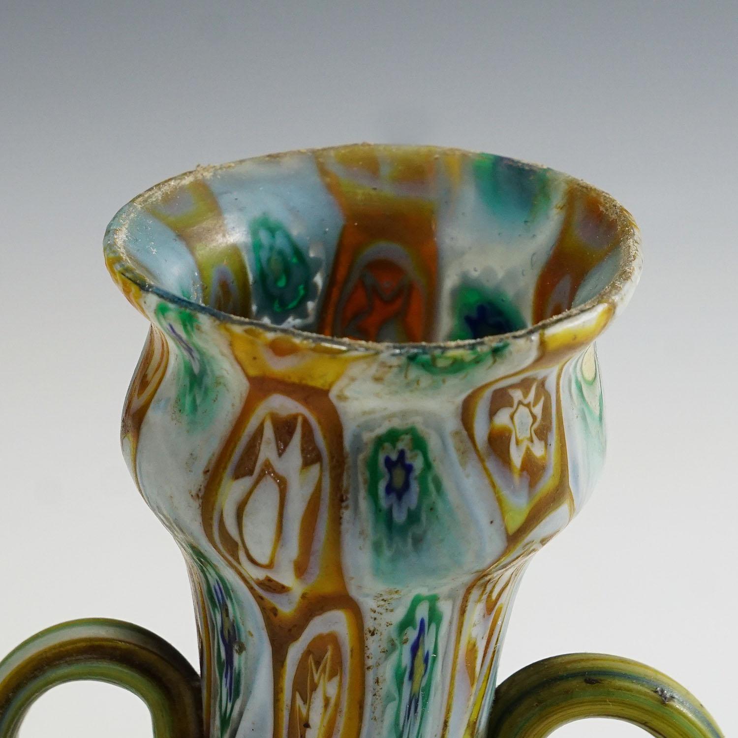 Hand-Crafted Antique Millefiori Vase in Brown, Green and White, Fratelli Toso Murano 1910 For Sale