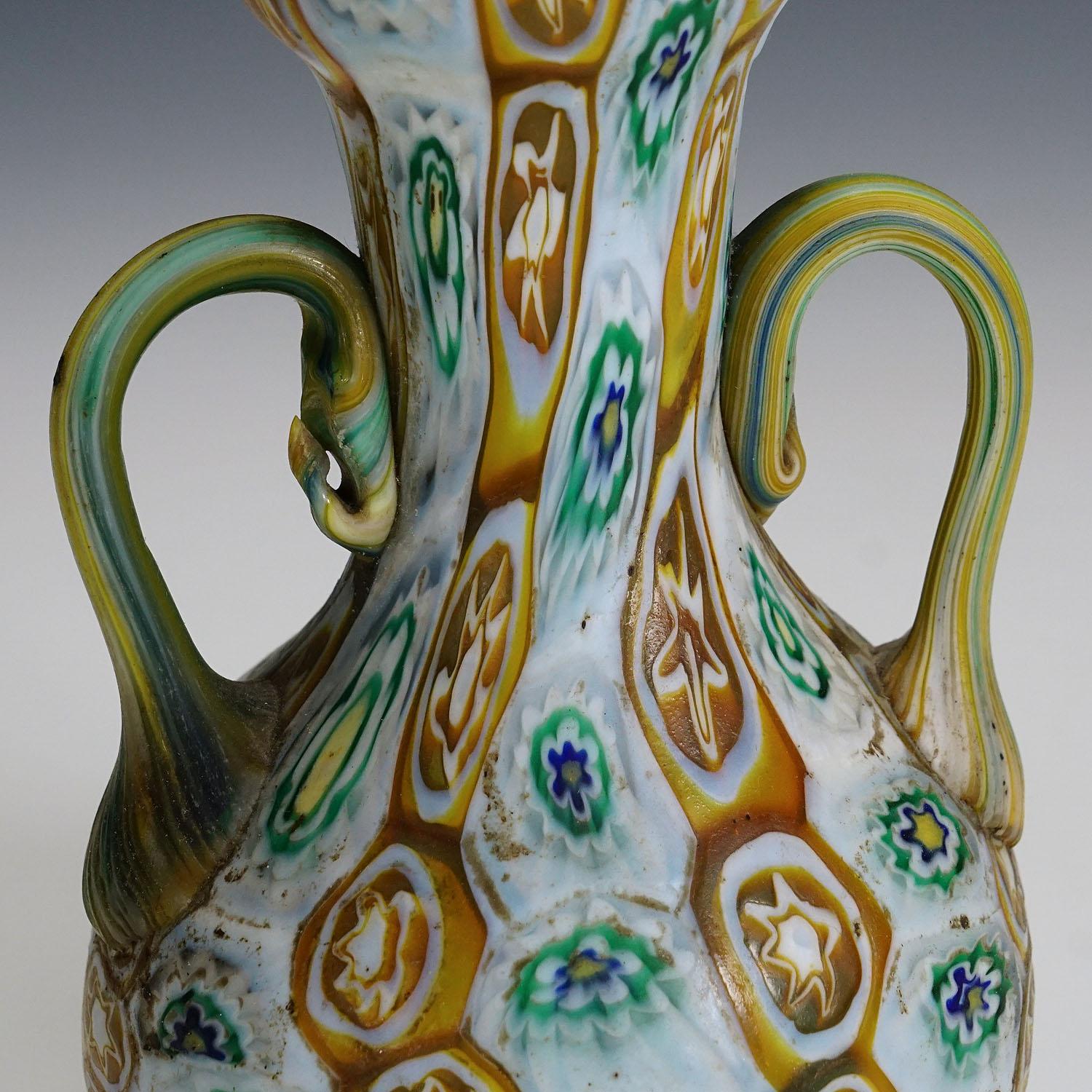 Antique Millefiori Vase in Brown, Green and White, Fratelli Toso Murano 1910 In Good Condition For Sale In Berghuelen, DE