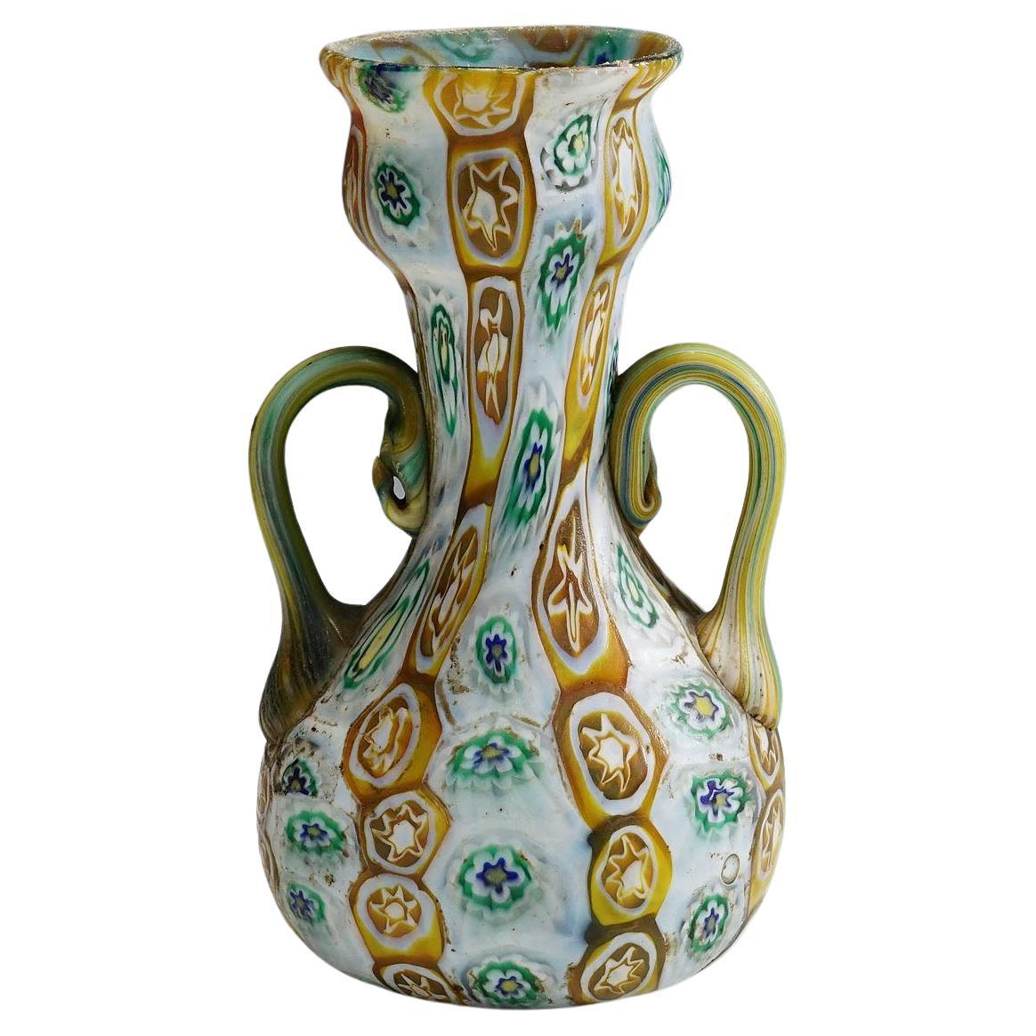 Antique Millefiori Vase in Brown, Green and White, Fratelli Toso Murano 1910 For Sale