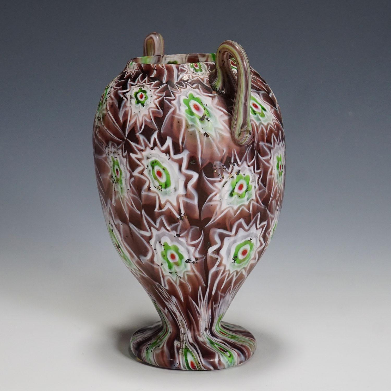 Mid-Century Modern Antique Millefiori Vase in Purple, Green and White, Fratelli Toso Murano 1910 For Sale