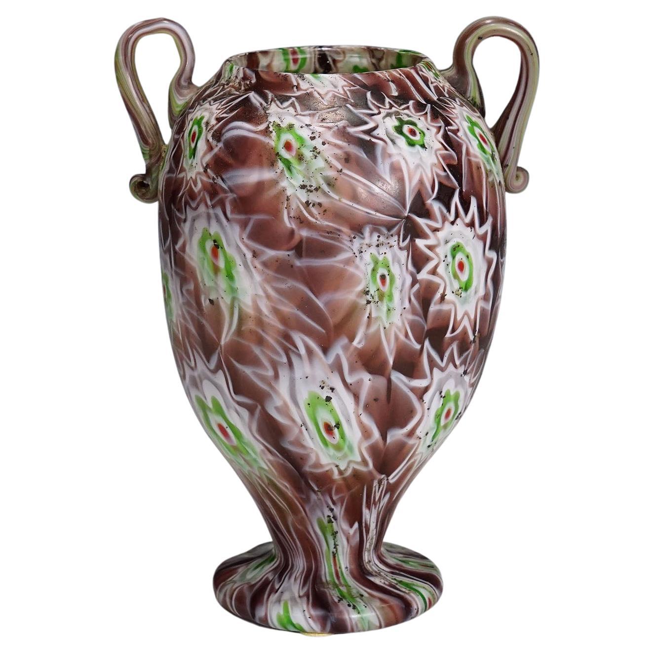 Antique Millefiori Vase in Purple, Green and White, Fratelli Toso Murano 1910 For Sale