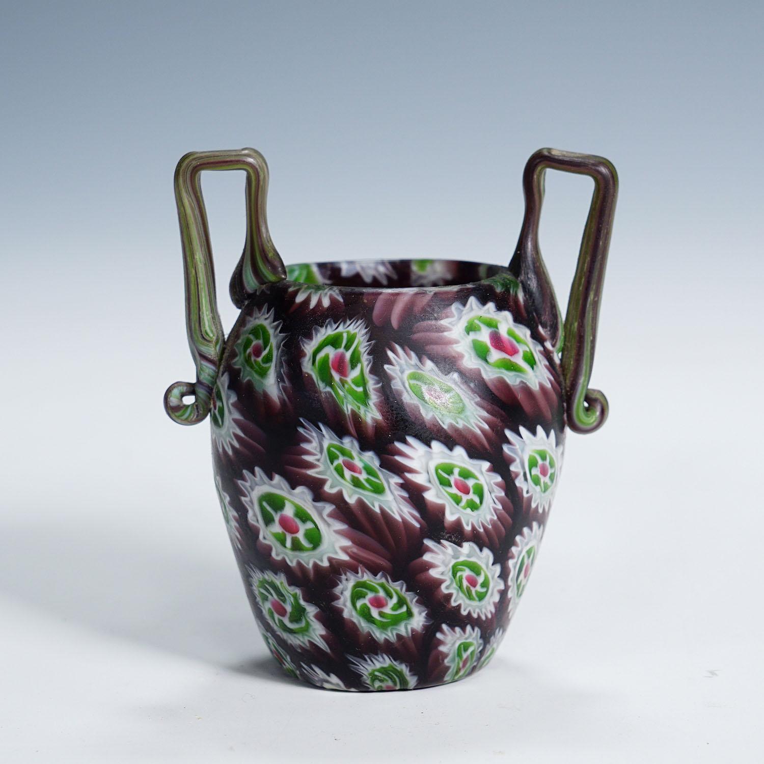 Mid-Century Modern Antique Millefiori Vase with Handles, Fratelli Toso Murano ca. 1910 For Sale