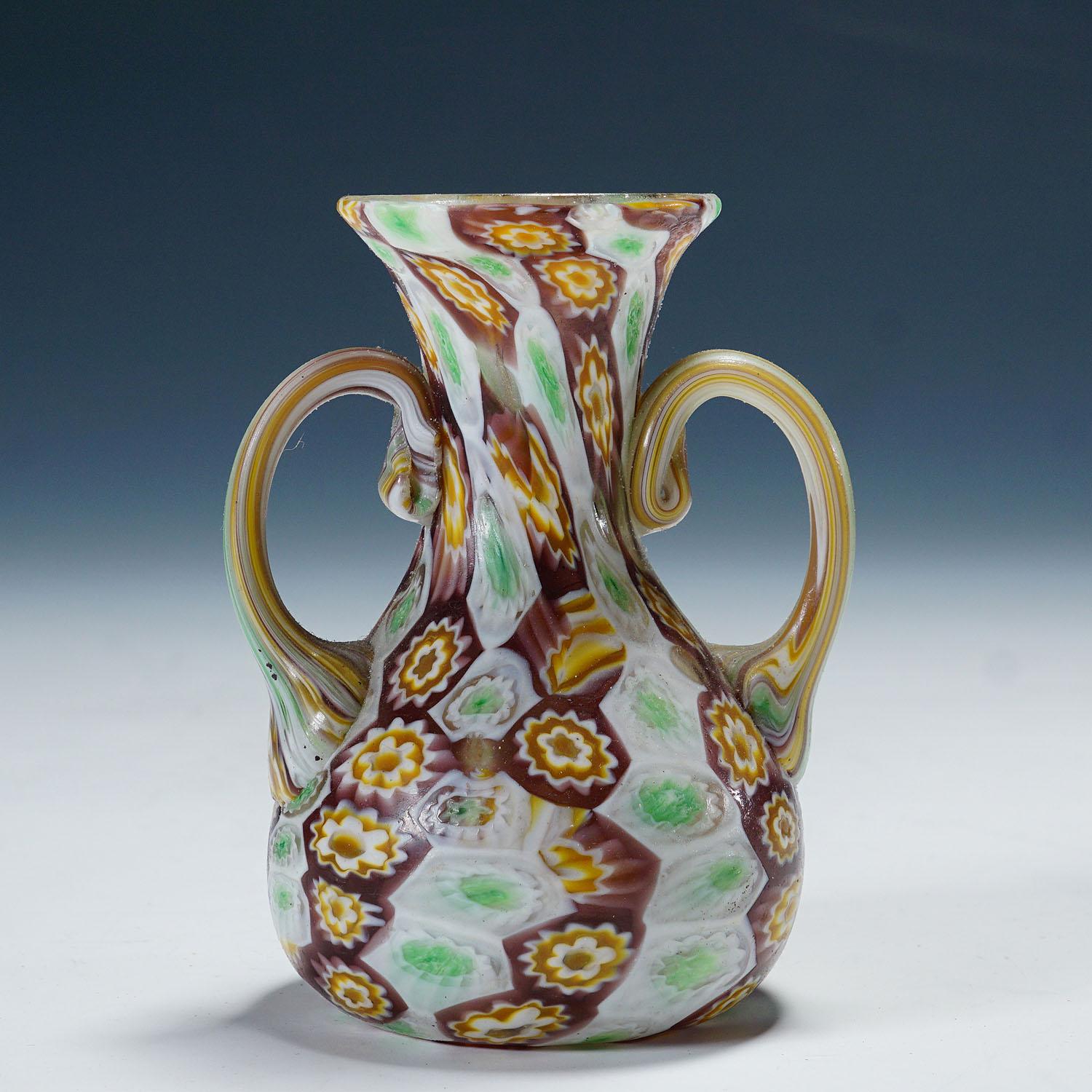 Mid-Century Modern Antique Millefiori Vase with Handles, Fratelli Toso Murano ca. 1920s