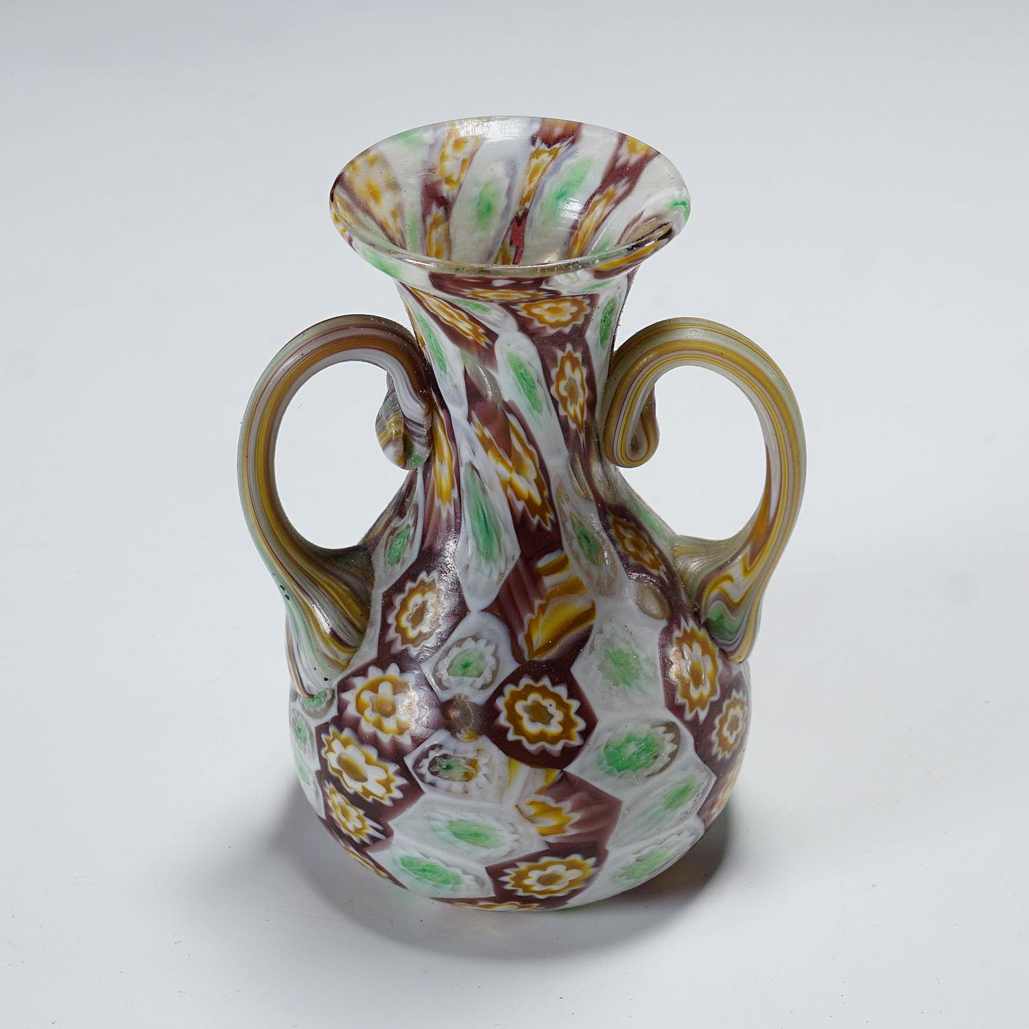 Italian Antique Millefiori Vase with Handles, Fratelli Toso Murano ca. 1920s