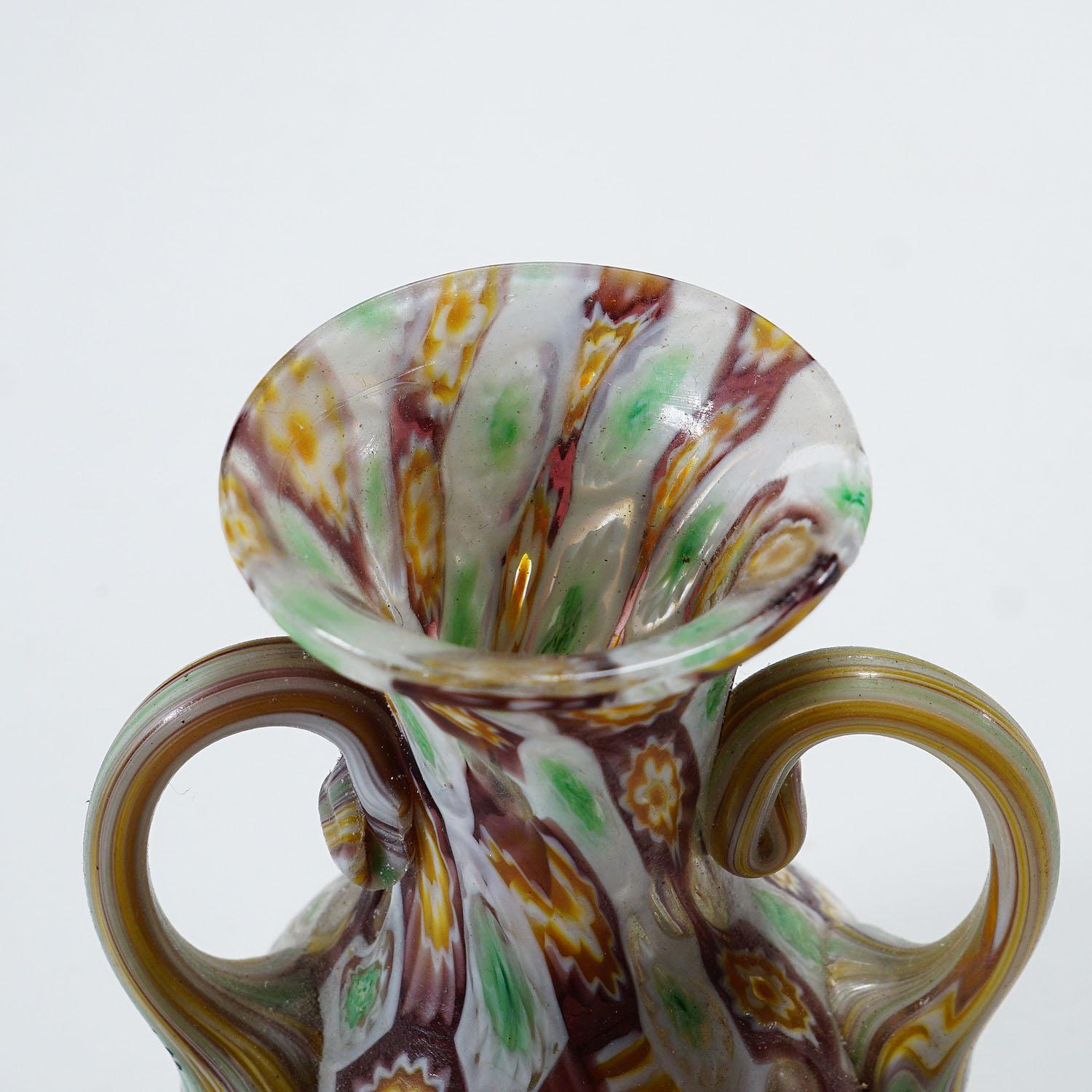 Antique Millefiori Vase with Handles, Fratelli Toso Murano ca. 1920s In Good Condition In Berghuelen, DE