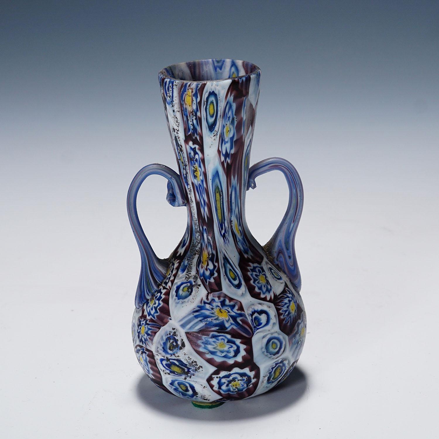 Mid-Century Modern Antique Millefiori Vase with Handles, Fratelli Toso Murano